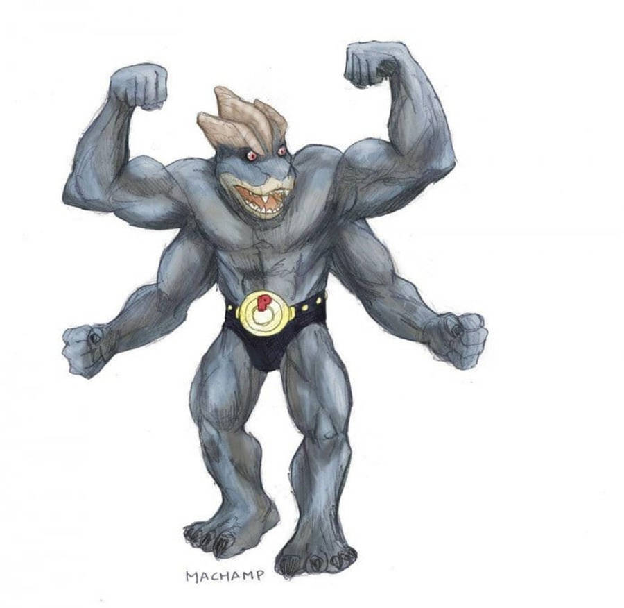 Machamp 桌布 壁紙 — 一隻肌肉發達的灰色擬人化寶可夢在純白背景前彎曲雙臂，露出兇猛的笑容和紅色的眼睛。