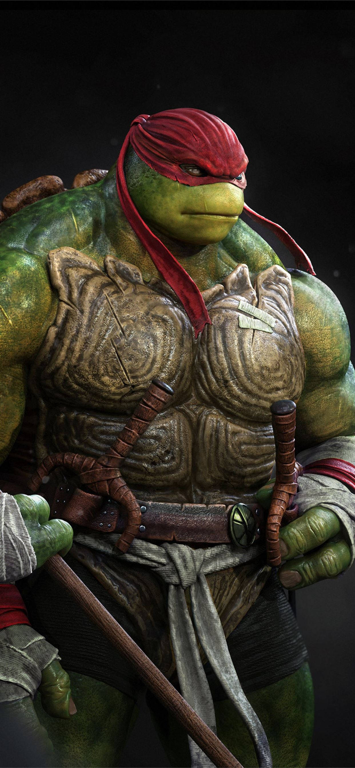 teenage mutant ninja turtles 桌布 壁紙 — 一隻肌肉發達的綠色烏龜，戴著紅色頭帶和裝甲胸甲，在黑暗背景下握著一根法杖。