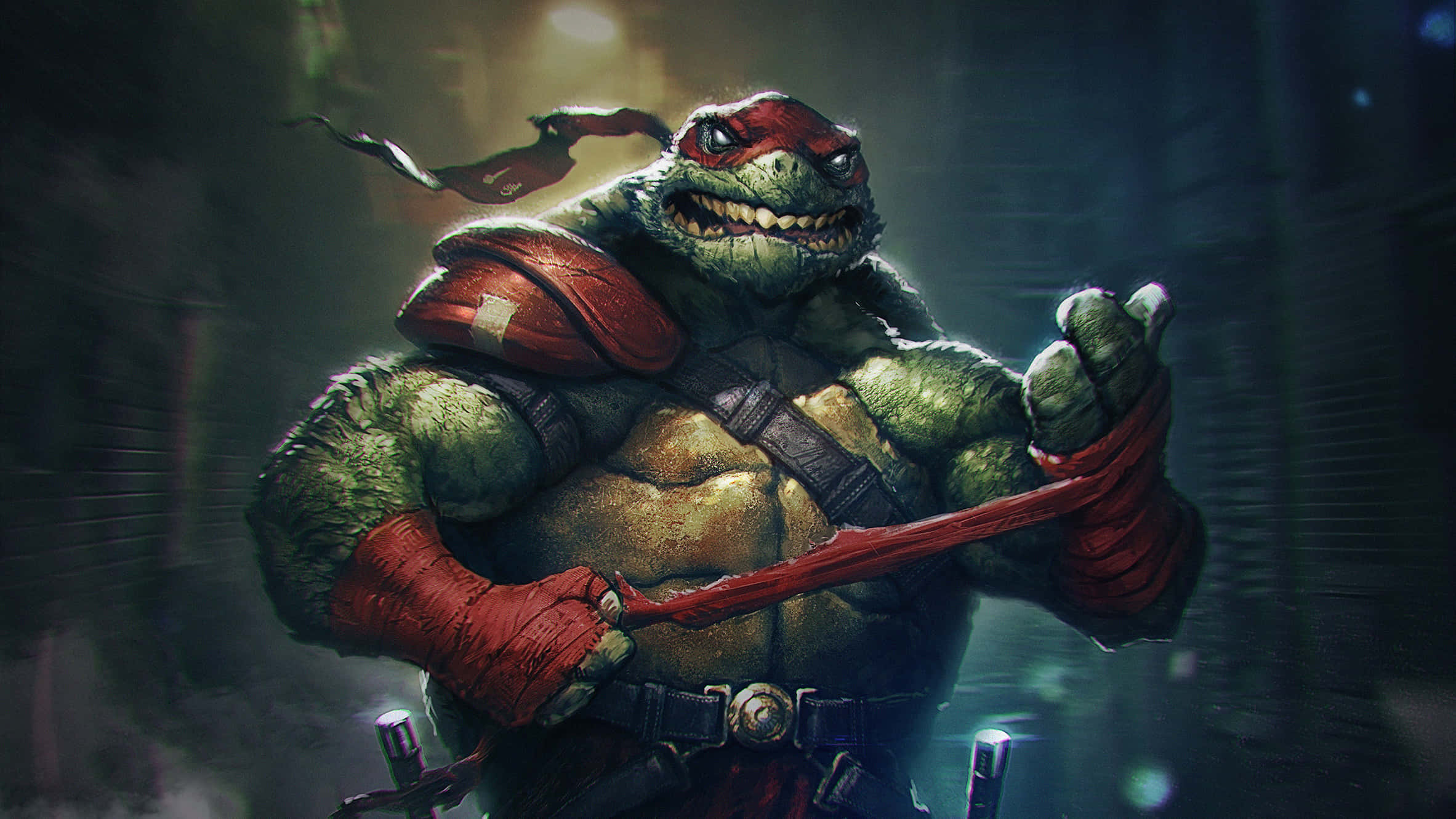 Ninja Turtle 桌布 壁紙 — 一隻肌肉發達的綠色烏龜戴著紅色面具，在昏暗燈光下的骯髒城市小巷中揮舞著紅色三叉戟。