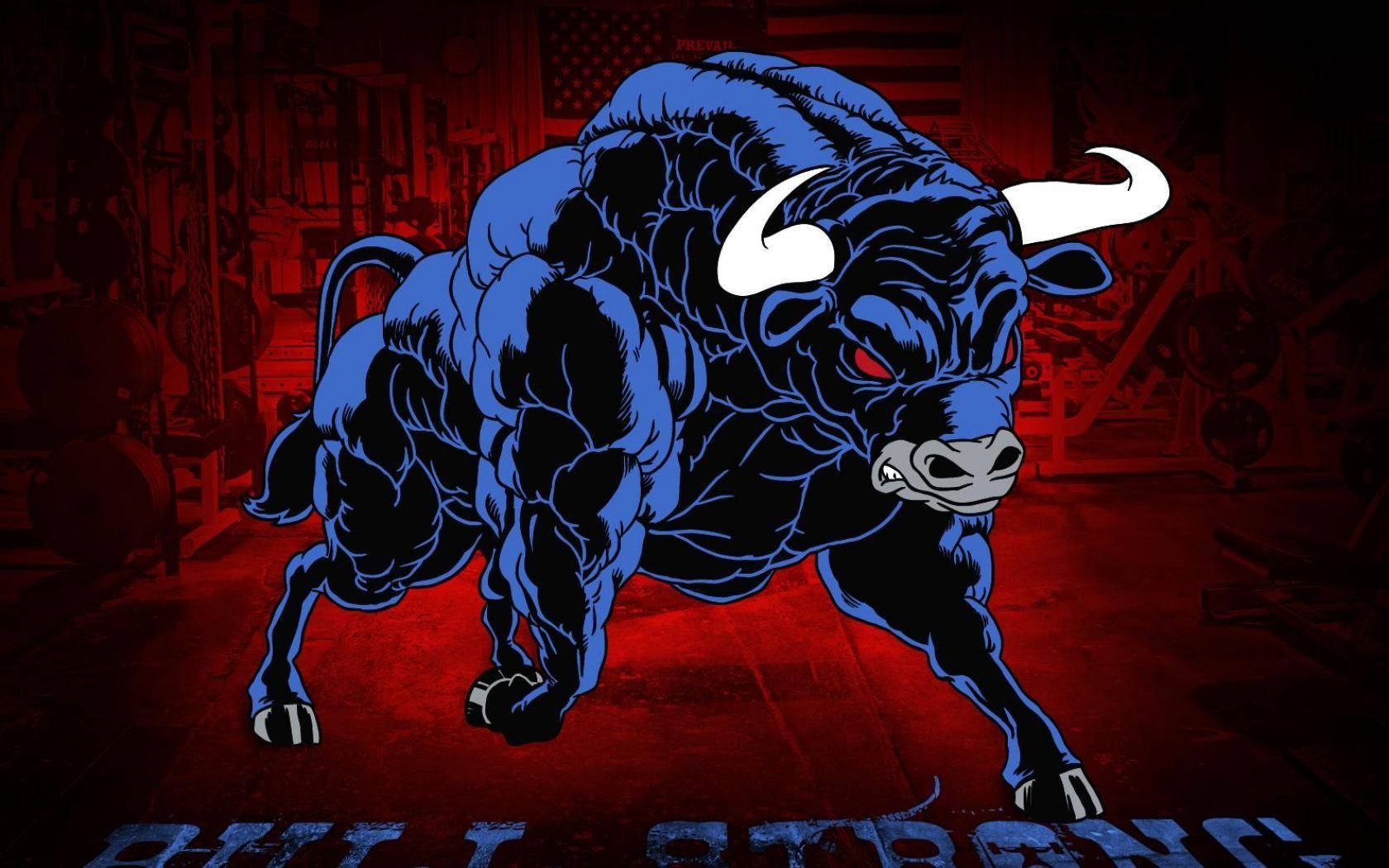 zodiac 桌布 壁紙 — 一隻肌肉發達的藍色公牛，眼睛發出紅光，在燈光昏暗、紅色燈光及美國國旗背景的健身房中向前衝。