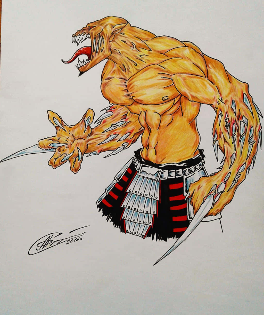 Mortal Kombat Baraka 桌布 壁紙 — 一隻肌肉發達的金色狼人，擁有鋒利的爪子和紅色的舌頭，穿著紅黑格紋裙咆哮。