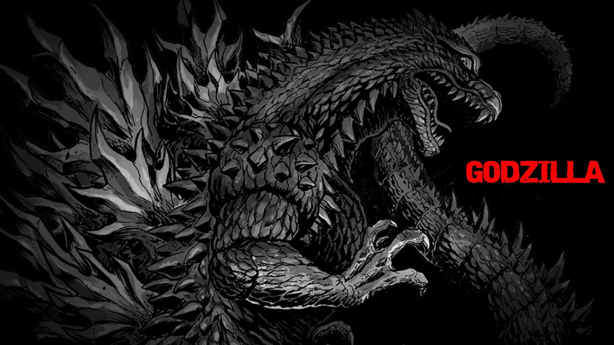 Godzilla Earth 桌布 壁紙 — 一隻背上有刺、張開嘴巴的威脅性哥吉拉在黑色背景上咆哮，並帶有紅色文字。