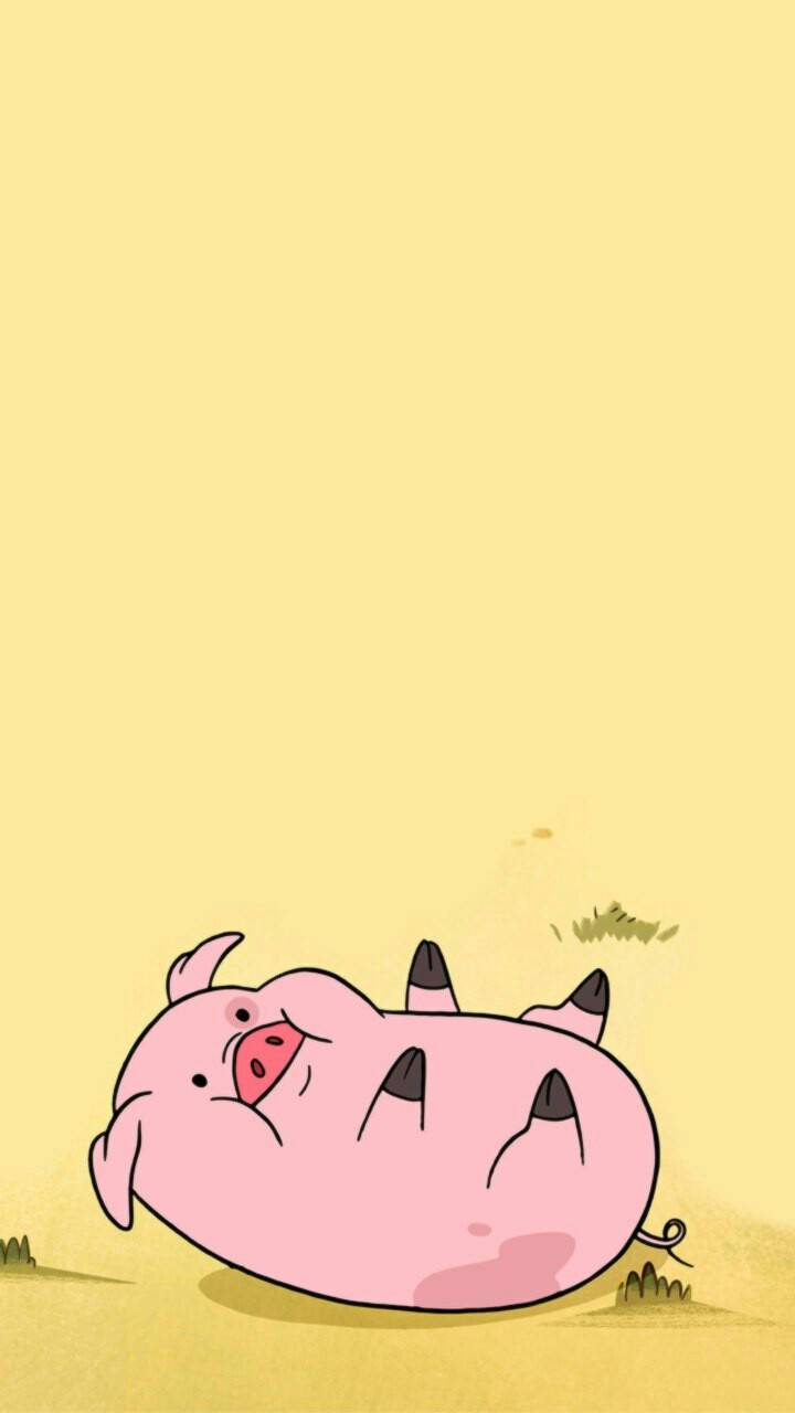 waddles 桌布 壁紙 — 一隻胖乎乎的粉紅色卡通豬開心地仰臥在一個簡約的黃色田野上，有稀疏的綠色草。