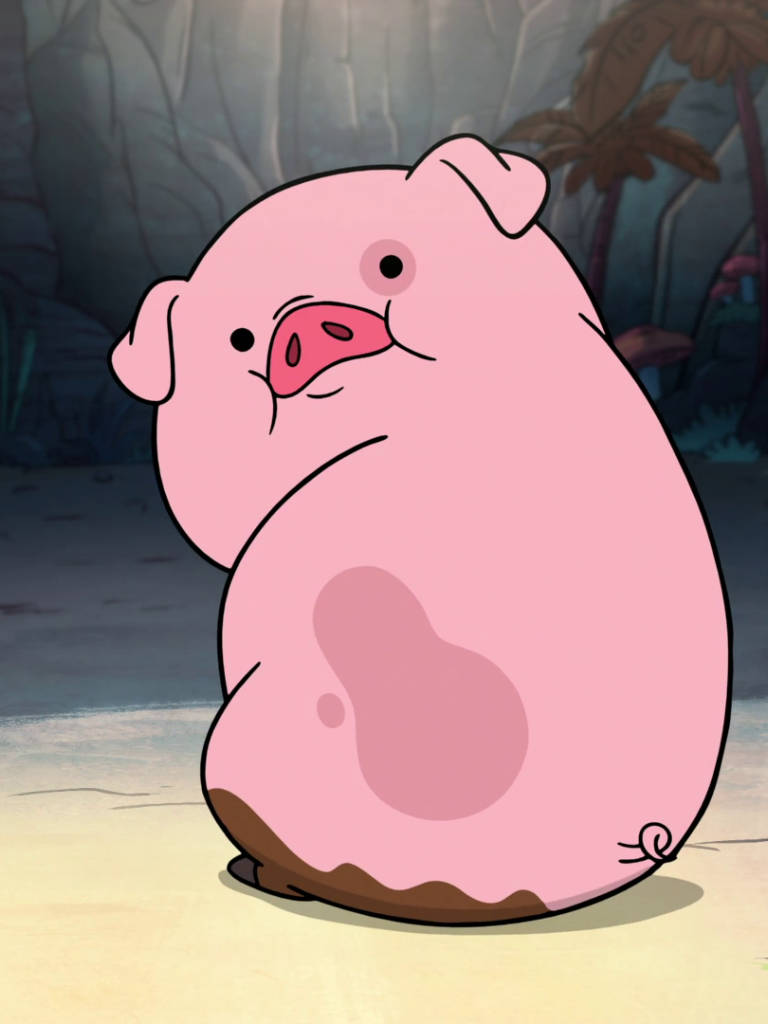 waddles 桌布 壁紙 — 一隻胖嘟嘟的粉紅色卡通豬安靜地坐在昏暗的森林中，地上長滿苔蘚，背後有模糊的樹葉。