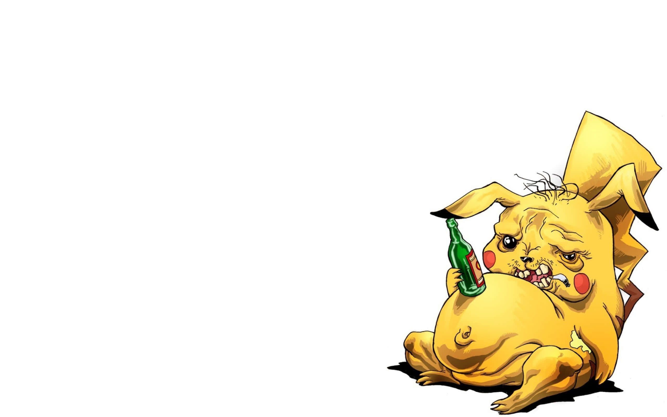 Pokemon Funny 桌布 壁紙 — 一隻胖胖的卡通皮卡丘垂頭喪氣地坐著，拿著一個綠色瓶子，表情醉醺醺，背景是純白色。