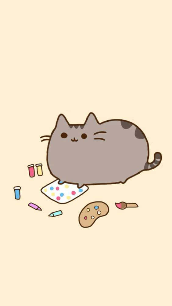 Cute Pusheen 桌布 壁紙 — 一隻胖胖的灰色貓咪躺在圓點布上，周圍散落著各種美術用品，背景是柔和的米色。