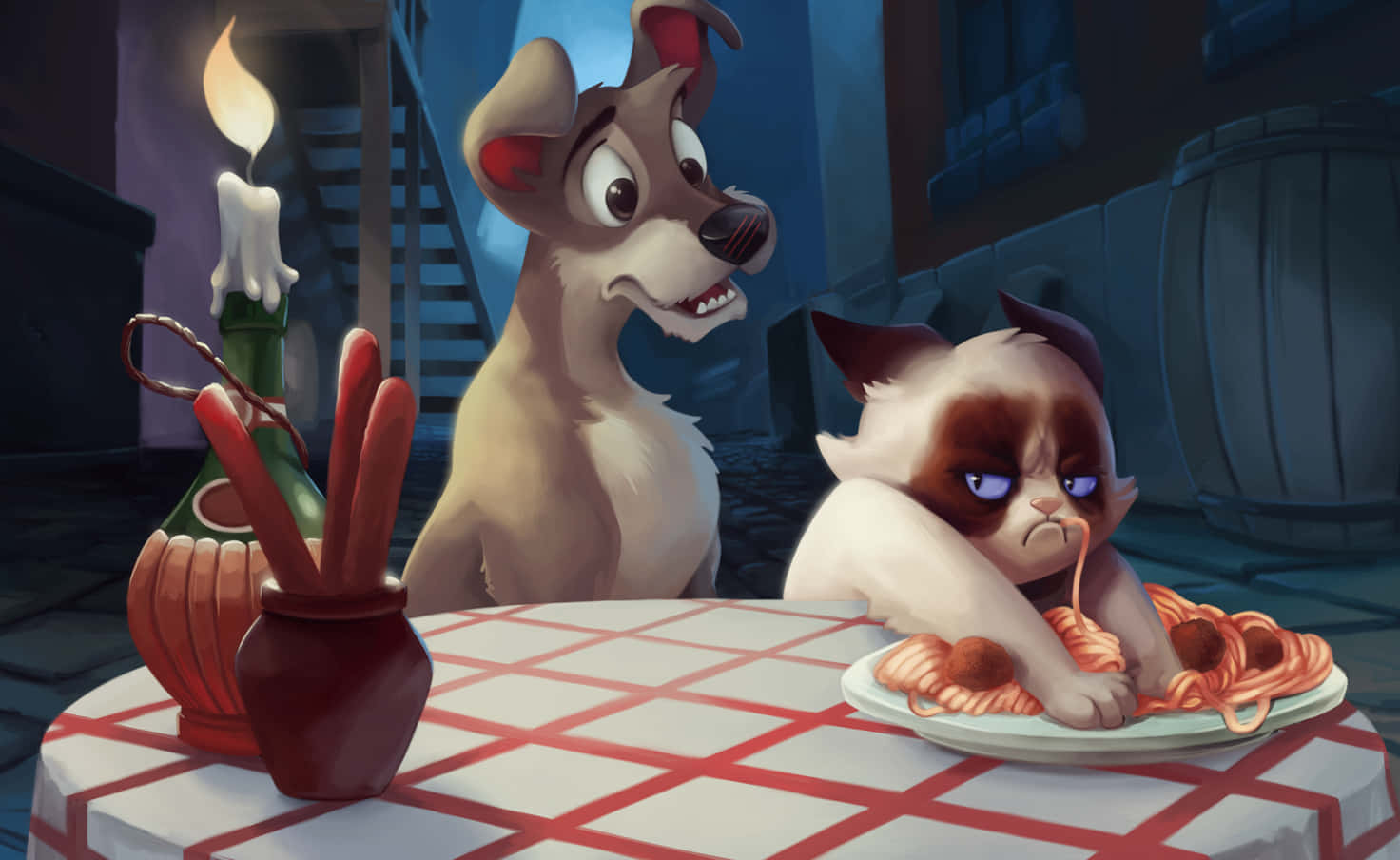 Grumpy Cat 桌布 壁紙 — 一隻脾氣暴躁的貓臉上掛著義大利麵，坐在格子桌旁，一隻狗在燭光氛圍中看著。