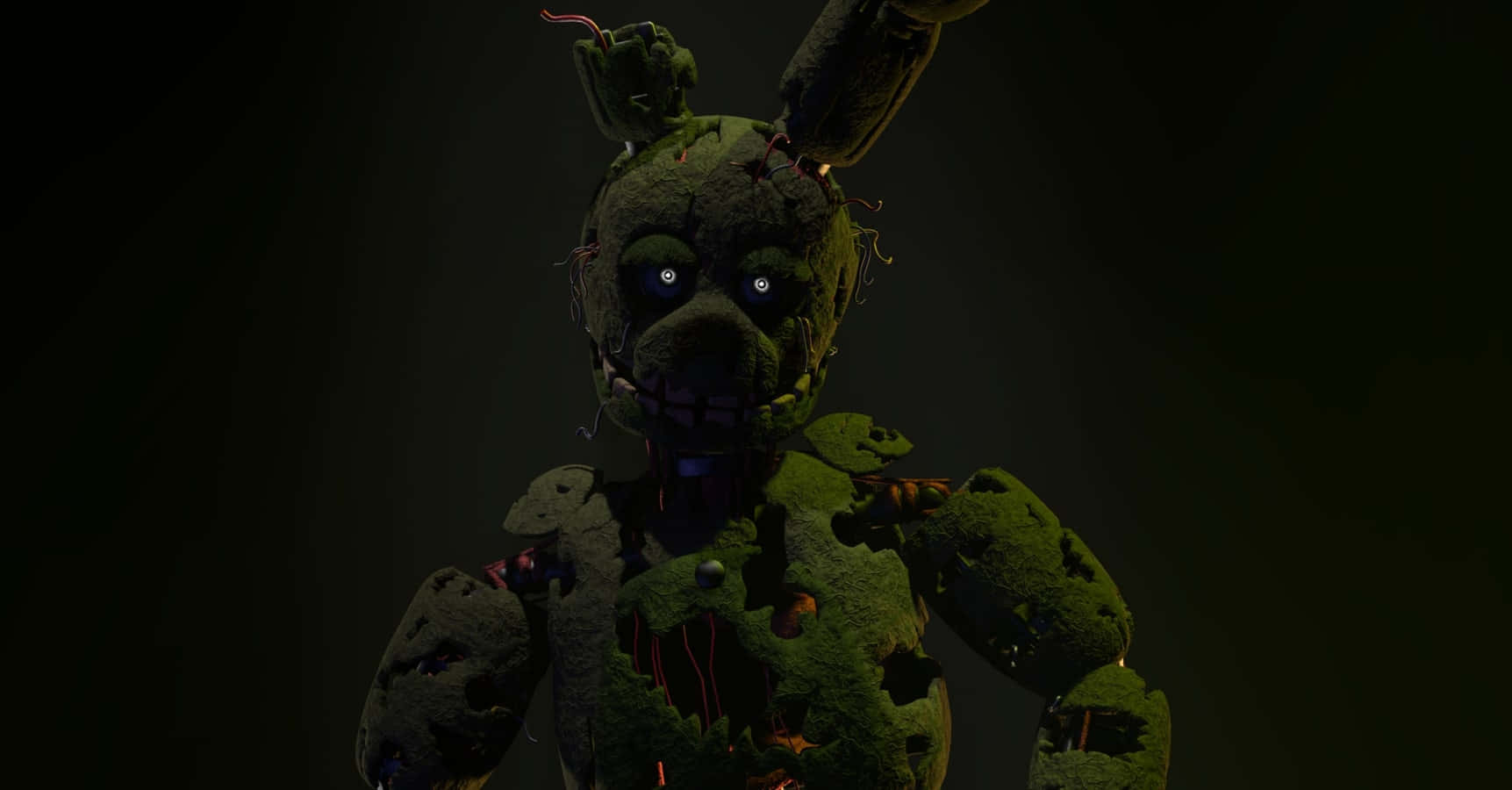 Springtrap 桌布 壁紙 — 一隻腐爛的綠色電子動畫兔子，眼睛發光，在黑暗的房間裡威嚇地站著。