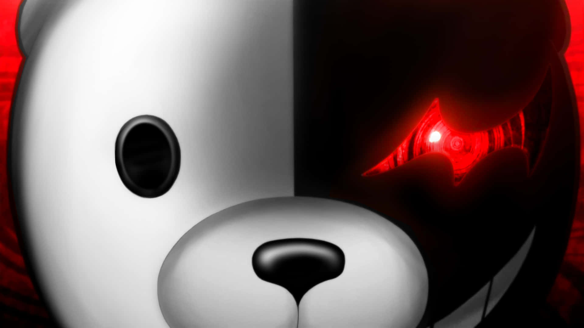 monokuma 桌布 壁紙 — 一隻臉部分成兩半的熊，一邊是純潔的白色，另一邊是邪惡的紅色發光眼睛。