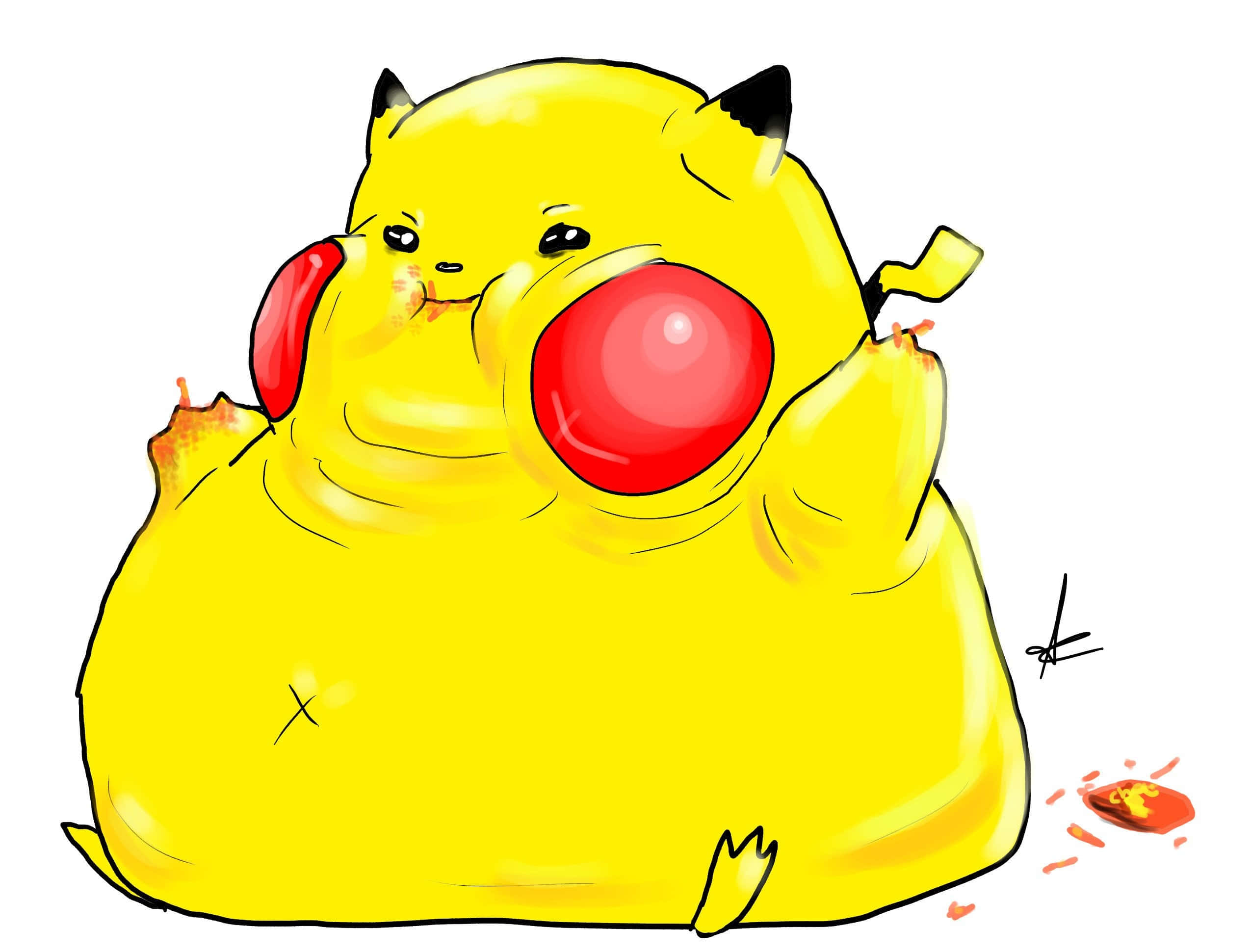Pokemon Funny 桌布 壁紙 — 一隻臉頰紅紅的胖胖黃色皮卡丘，在純白背景前開心地拿著一個紅色氣球坐著。