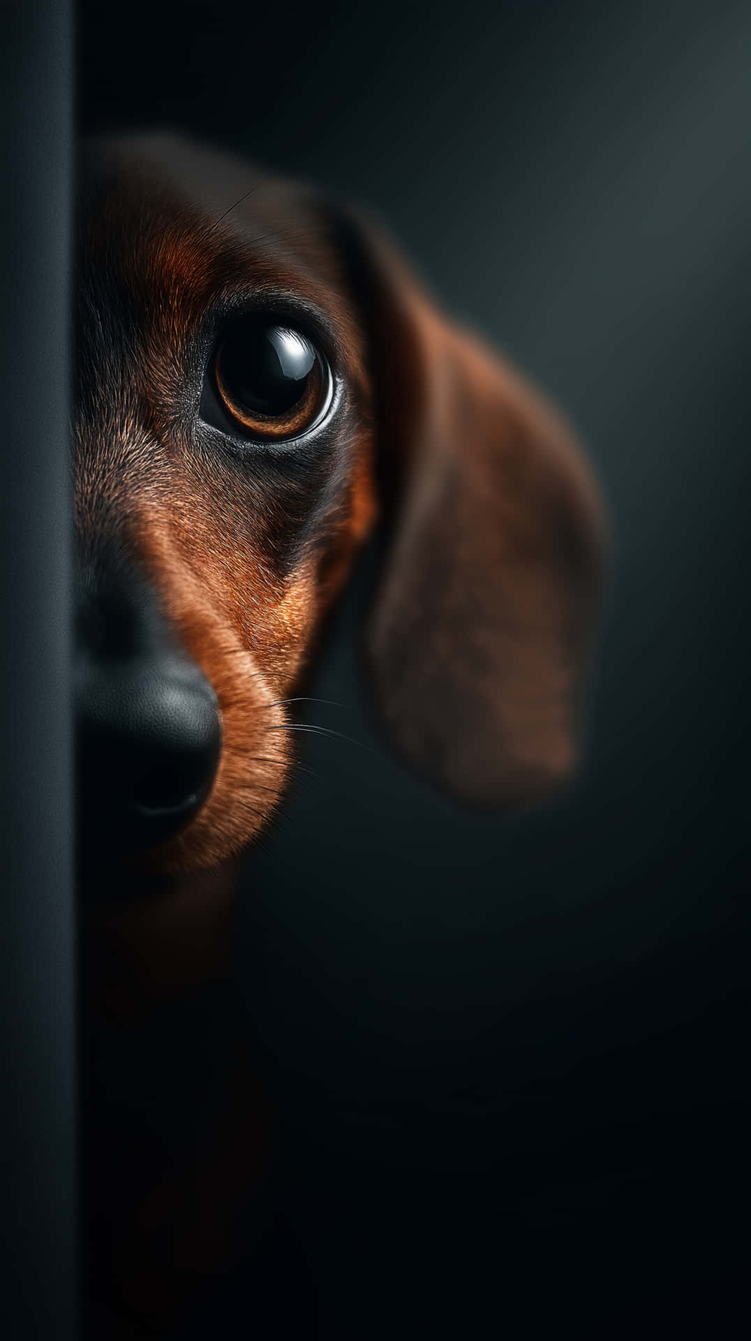 Peeking Dachshund 壁紙 — 一隻臘腸犬好奇的臉部特寫，從深色垂直邊緣後方窺視，背景陰暗。