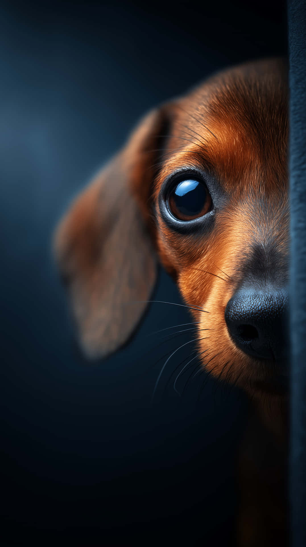 Peeking Dachshund 壁紙 — 一隻臘腸犬幼犬從深色垂直表面後方好奇地窺視的特寫，背景柔和模糊。