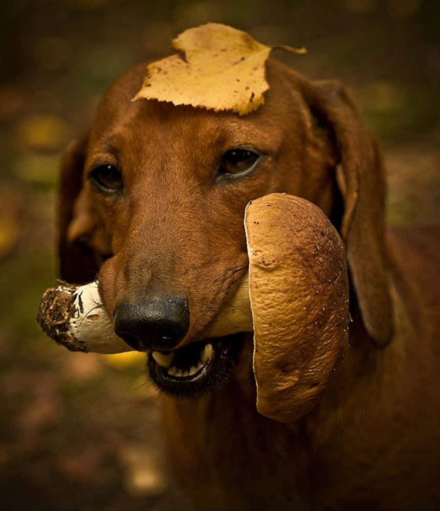狗 桌布 壁紙 — 一隻臘腸犬頭上有一片黃葉，嘴裡叼著一個大蘑菇，背景是模糊的森林。