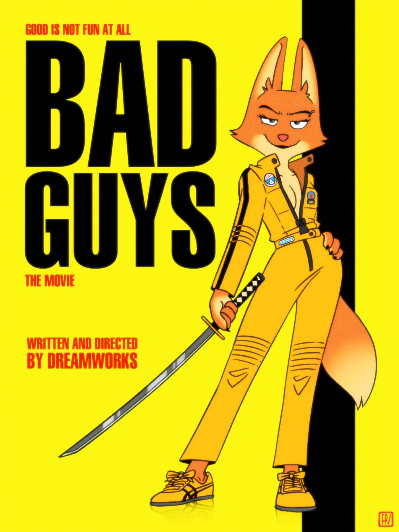 bad 桌布 壁紙 — 一隻自信擬人化的狐狸穿著黃色連身衣，在醒目的黃色和黑色背景上揮舞著武士刀。