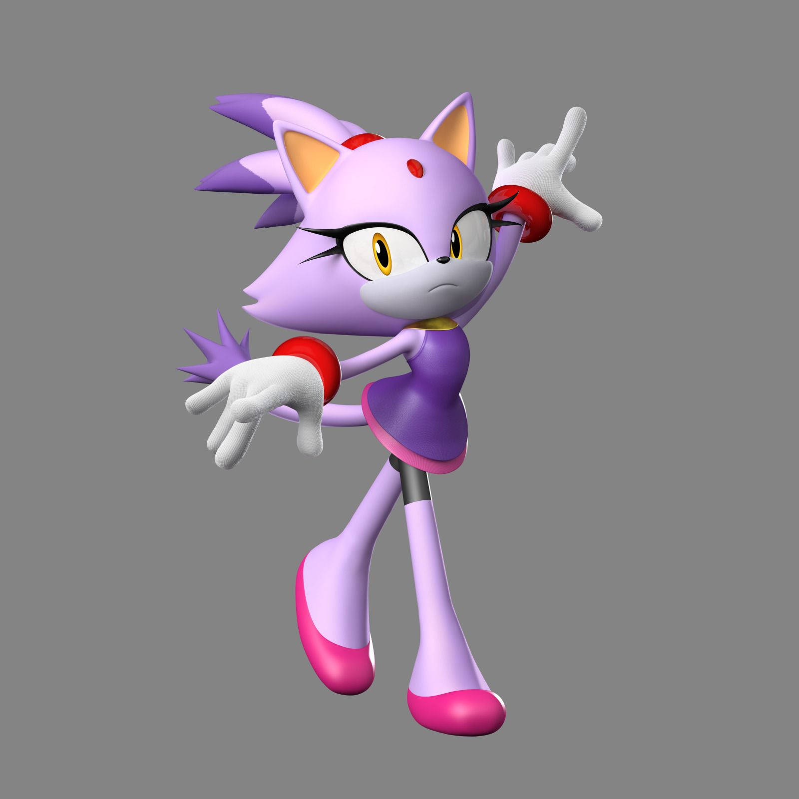 Blaze The Cat 桌布 壁紙 — 一隻自信的紫色擬人狐狸，穿著紫色連衣裙和紅色配飾，在純灰色背景下擺出動態姿勢。