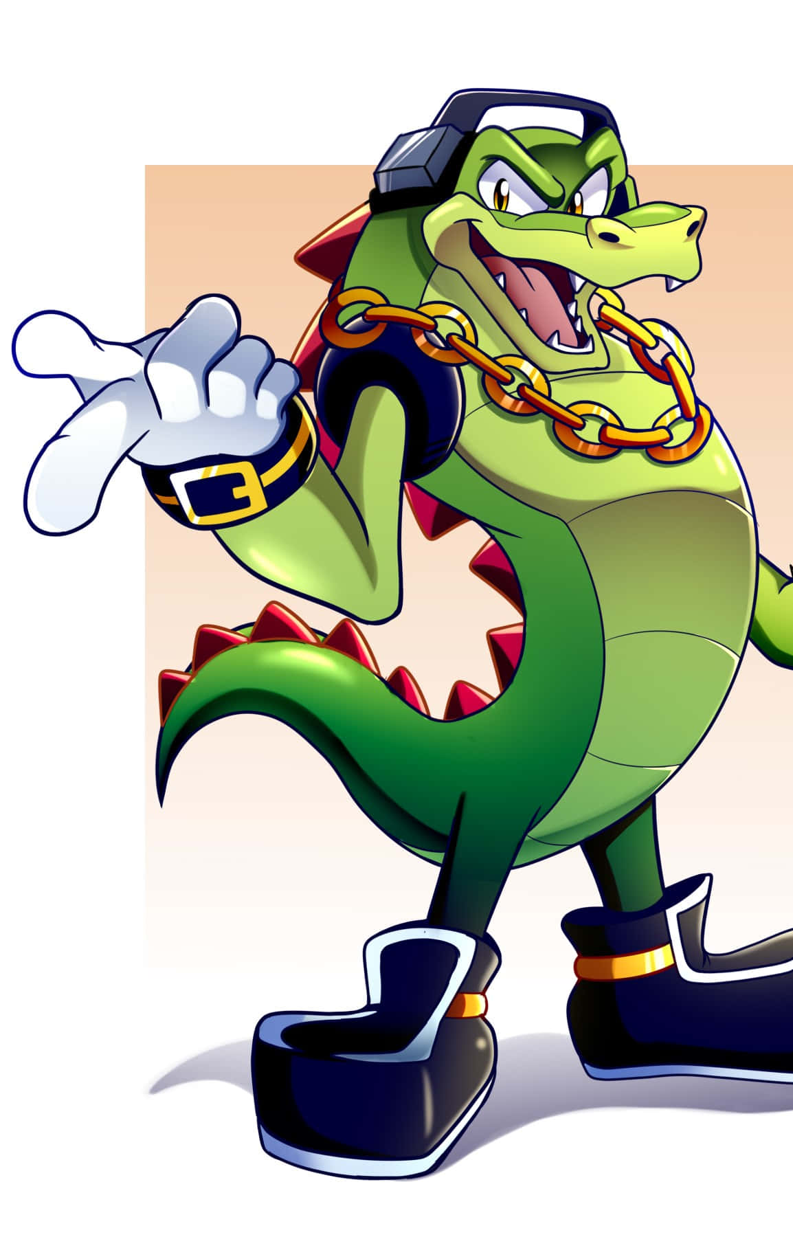 Vector The Crocodile 桌布 壁紙 — 一隻自信的綠色卡通鱷魚，身穿嘻哈服裝，戴著金鏈和耳機，向前指。