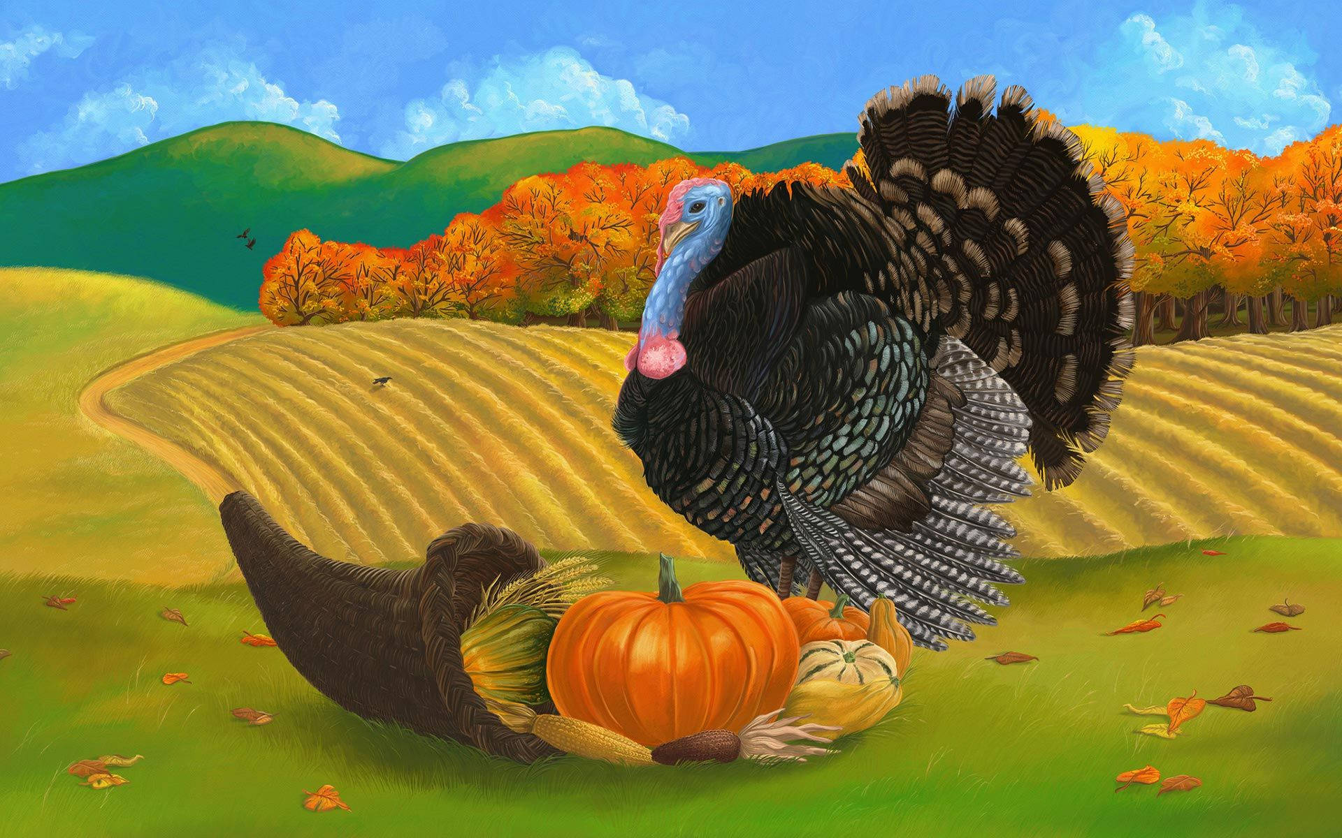 Turkey Happy Thanksgiving 桌布 壁紙 — 一隻自豪的火雞站在充滿活力的秋田旁，旁邊有南瓜和豐收角，藍天下有起伏的山丘。