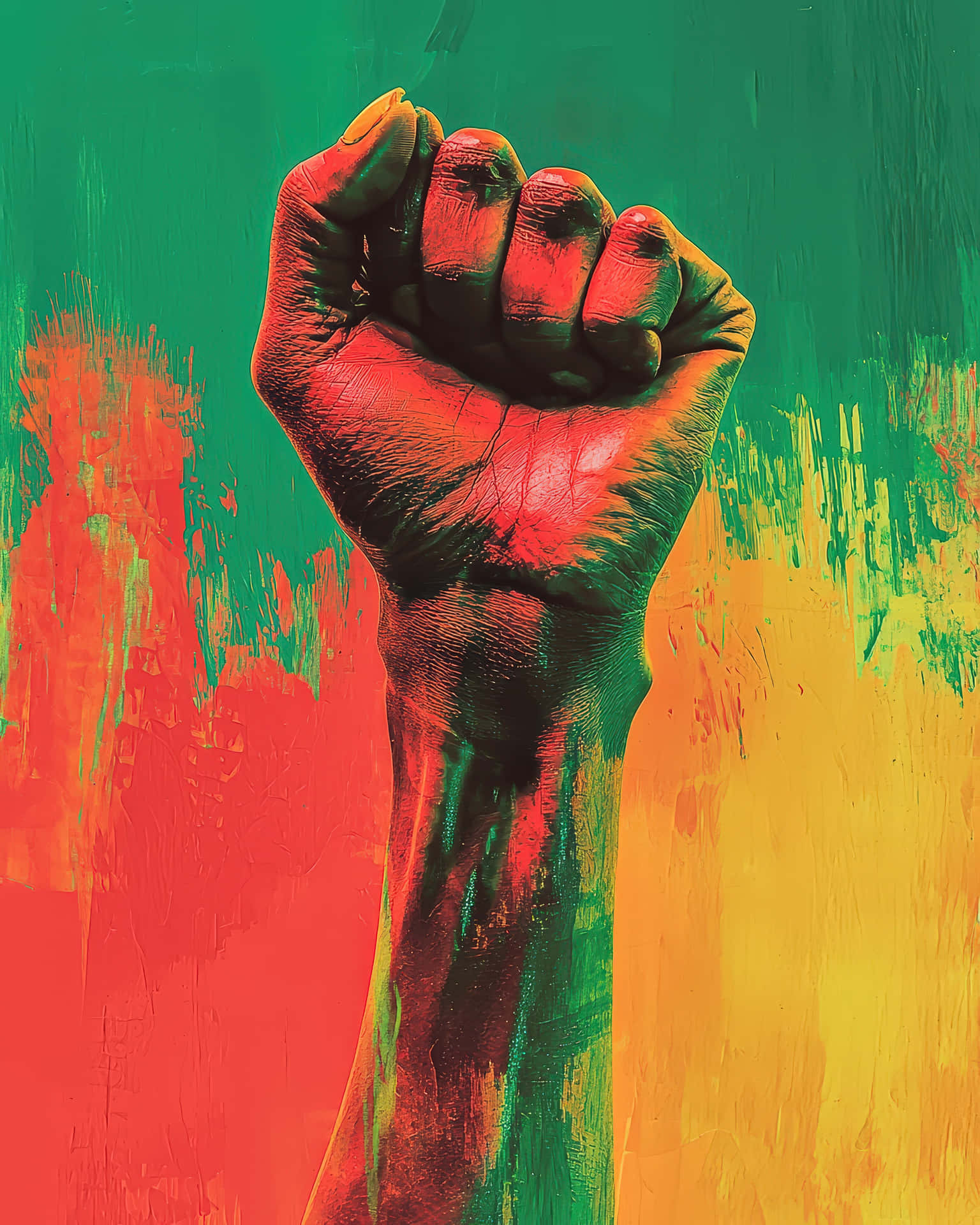 A powerful illustration of a raised fist painted in vivid red, green, and yellow tones 壁紙 — 一隻舉起的拳頭，以鮮明的紅色、綠色和黃色繪製在帶有紋理的抽象背景上。