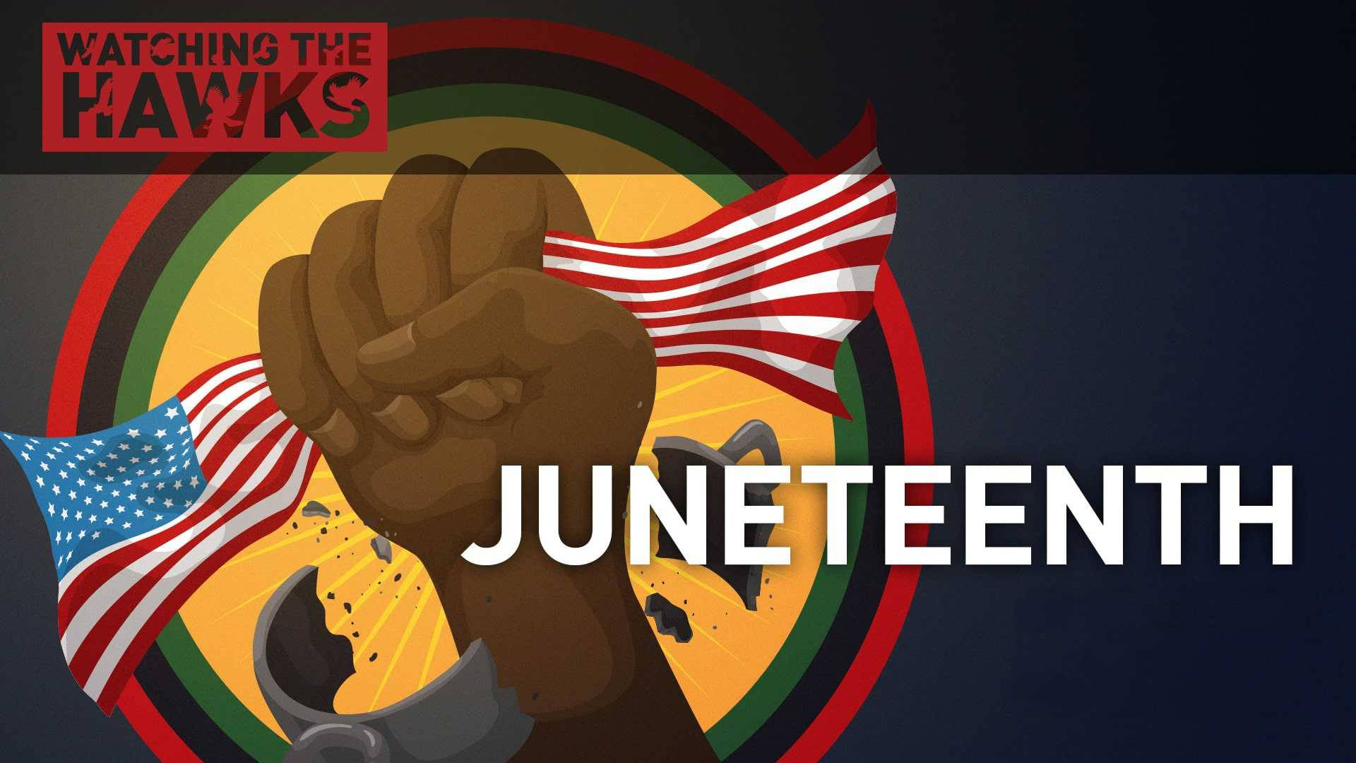 Juneteenth 桌布 壁紙 — 一隻舉起的黑色拳頭打破鎖鏈，背景是充滿活力的圓形圖案，帶有美國國旗和「Juneteenth」字樣。
