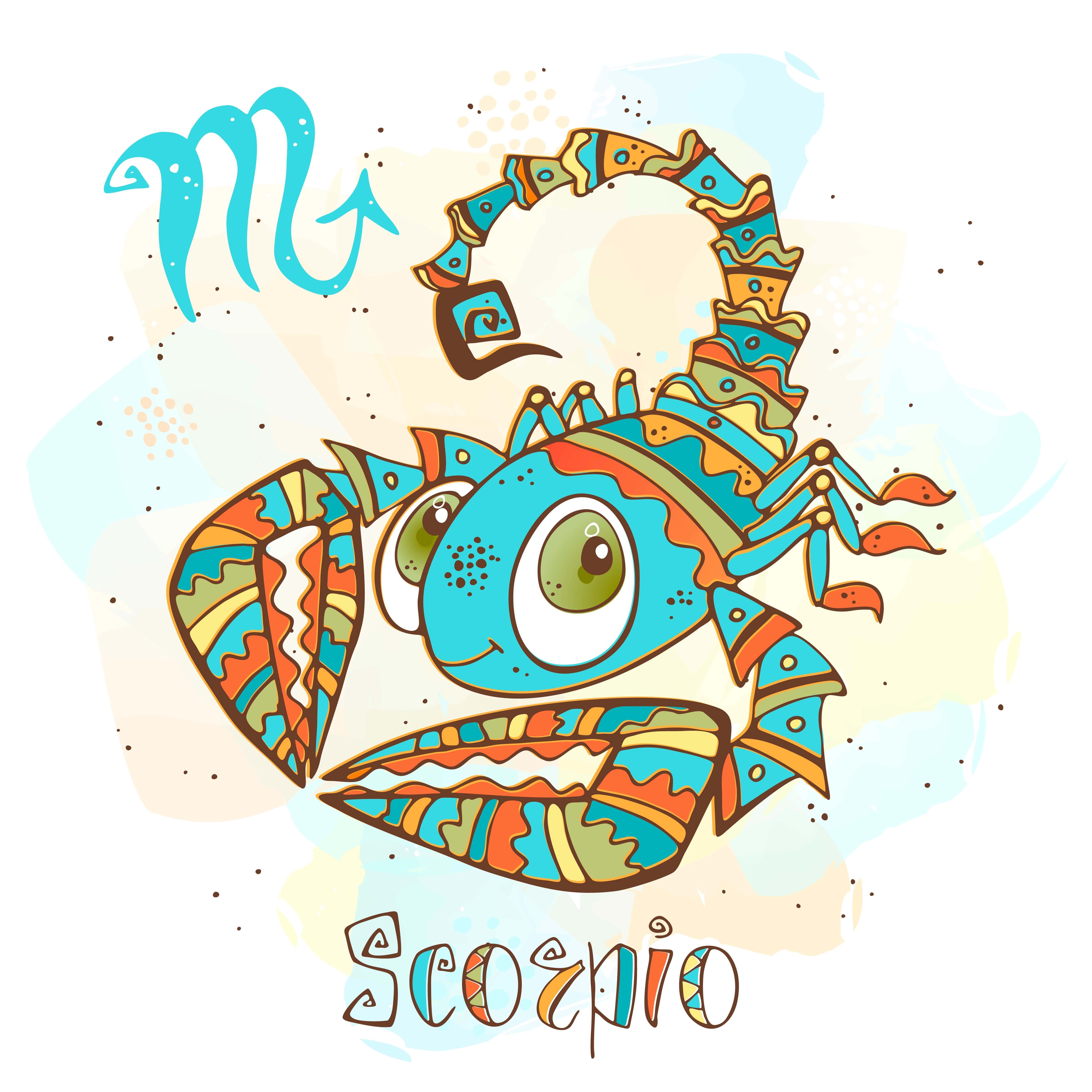 Scorpio 桌布 壁紙 — 一隻色彩繽紛的卡通蠍子，帶有圖案分節和大綠眼睛，標有「天蠍座」及其星座符號。