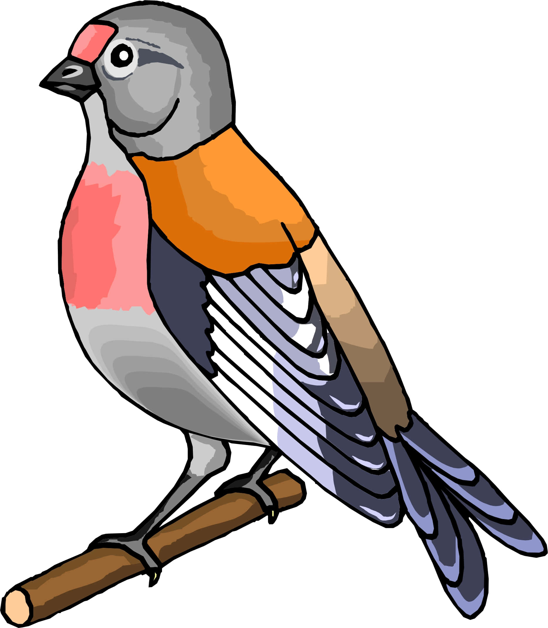 Kawaii Bird 桌布 壁紙 — 一隻色彩繽紛的卡通鳥，灰色頭部、粉紅色胸部、橙色背部及藍灰色翅膀，棲息在棕色樹枝上。