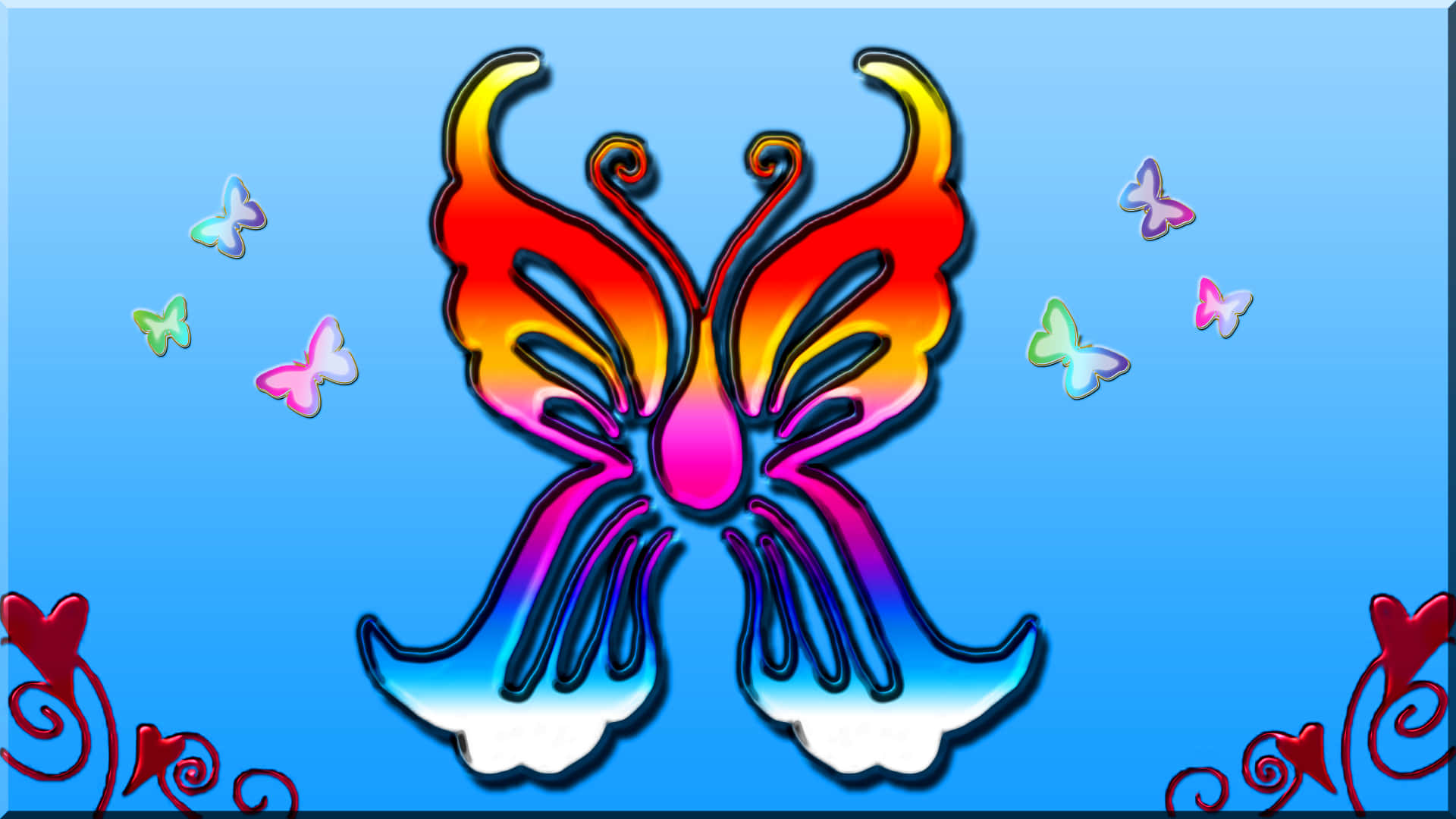 Butterflies Laptop 桌布 壁紙 — 一隻色彩繽紛的彩虹色蝴蝶，帶有發光的翅膀，還有較小的蝴蝶在柔和的藍色漸變背景上飛舞。