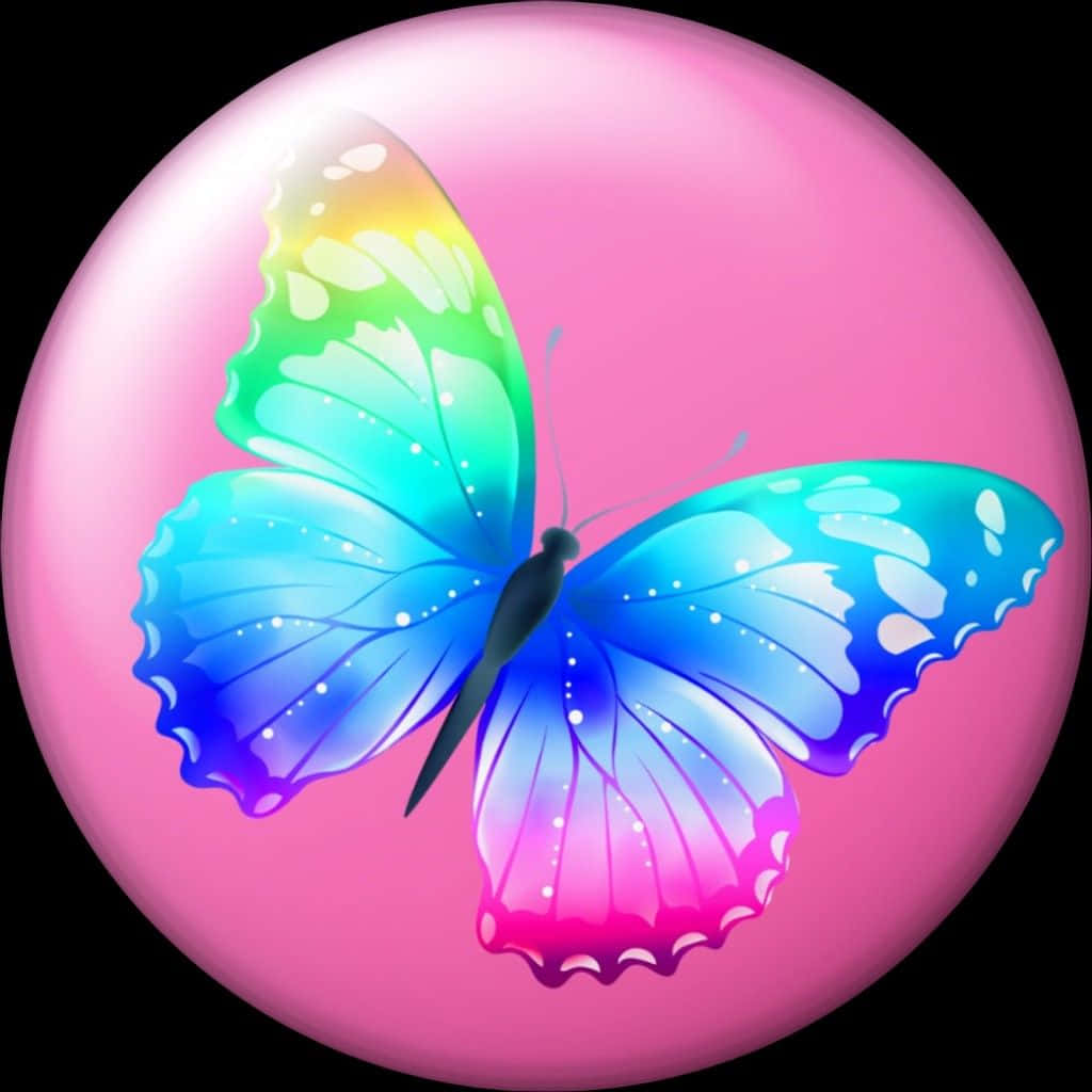 Butterfly Profile 桌布 壁紙 — 一隻色彩繽紛的彩虹蝴蝶，帶有虹彩翅膀，漂浮在發光的粉紅色球體內，背景為黑色。