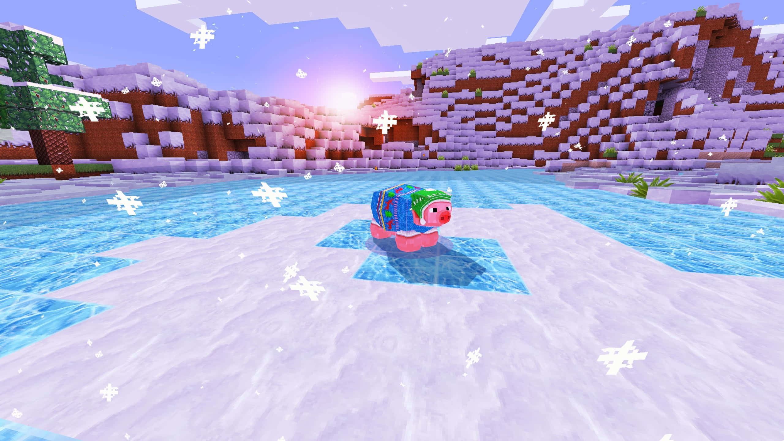Minecraft Adventure 桌布 壁紙 — 一隻色彩繽紛的豬漂浮在積雪的湖上，背景是方塊狀的Minecraft冬季景觀，有飄落的雪花和發光的太陽。