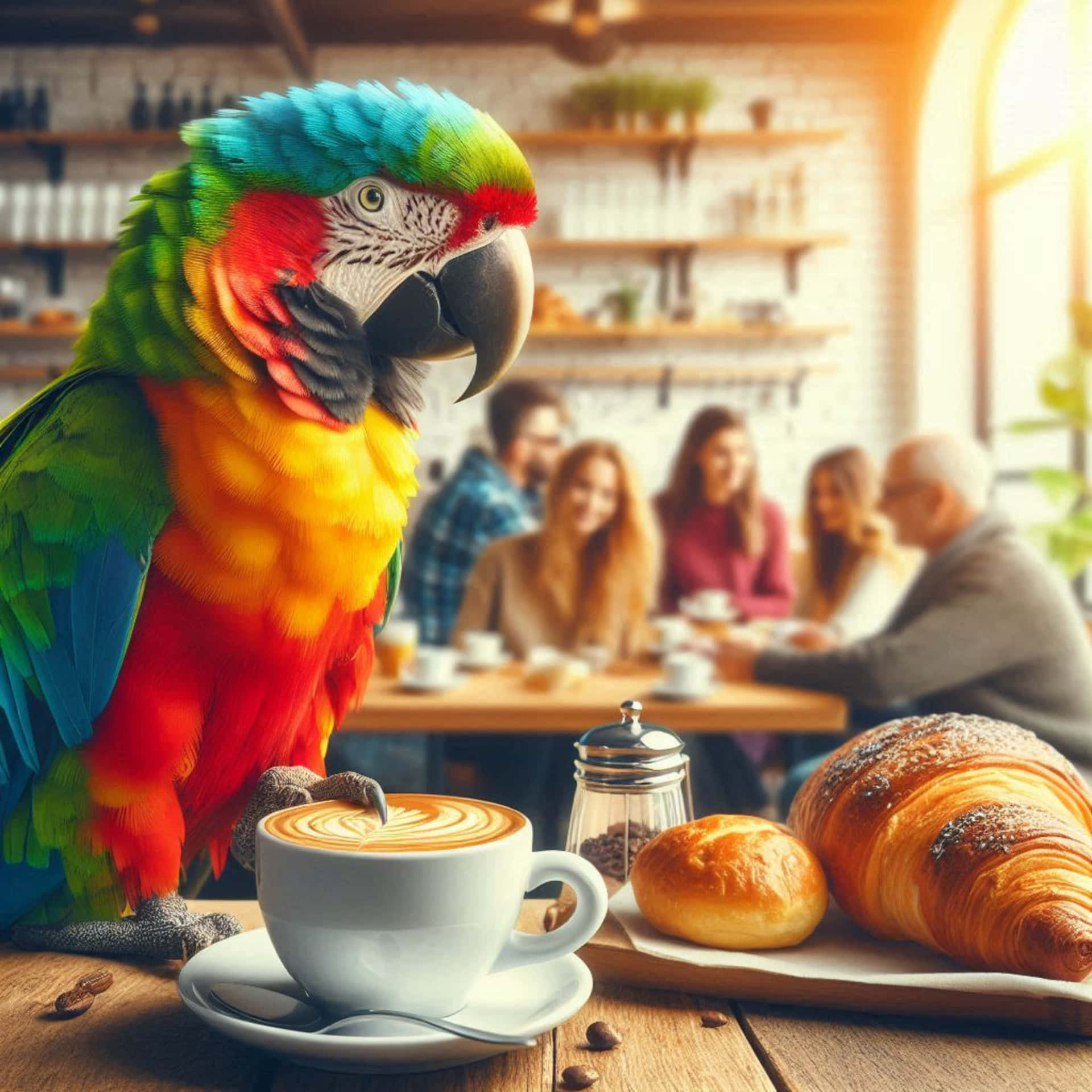 illustration blue and yellow macaw 壁紙 — 一隻色彩繽紛的金剛鸚鵡棲息在咖啡桌旁，旁邊有拿鐵和可頌，背景是模糊的顧客。