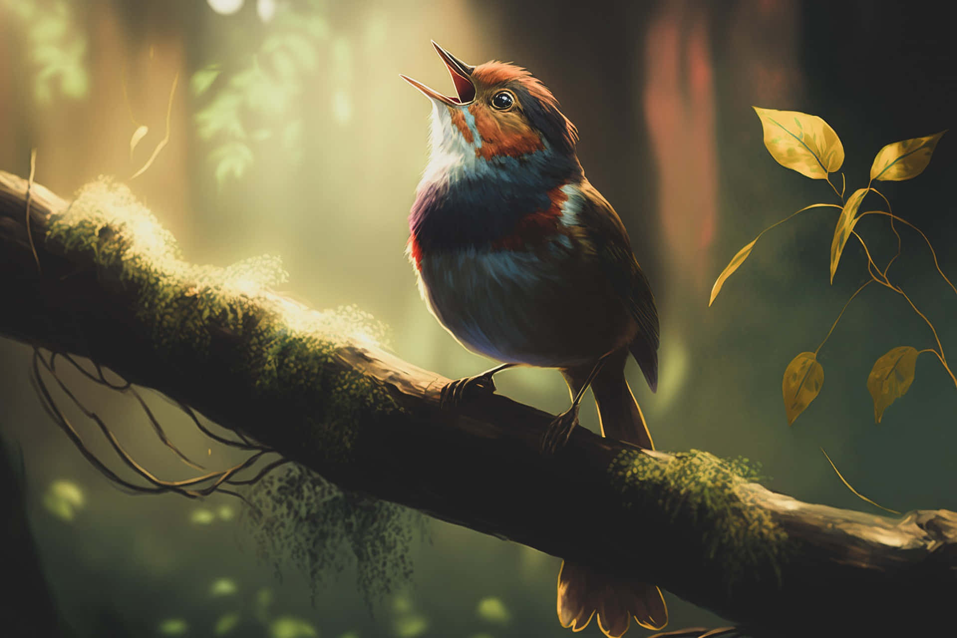 Birds Chirping 桌布 壁紙 — 一隻色彩繽紛的鳥兒棲息在陽光普照的森林中長滿苔蘚的樹枝上，張開喙歌唱。