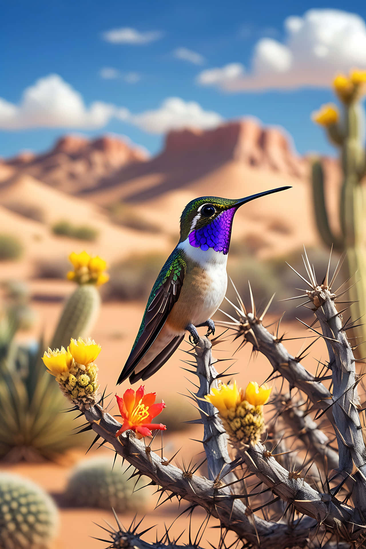 Hummingbird perched on desert cactus 壁紙 — 一隻色彩鮮豔、喉部帶有虹彩紫色的蜂鳥，棲息在開滿黃色和橙色花朵的多刺仙人掌上，背景是沙漠。