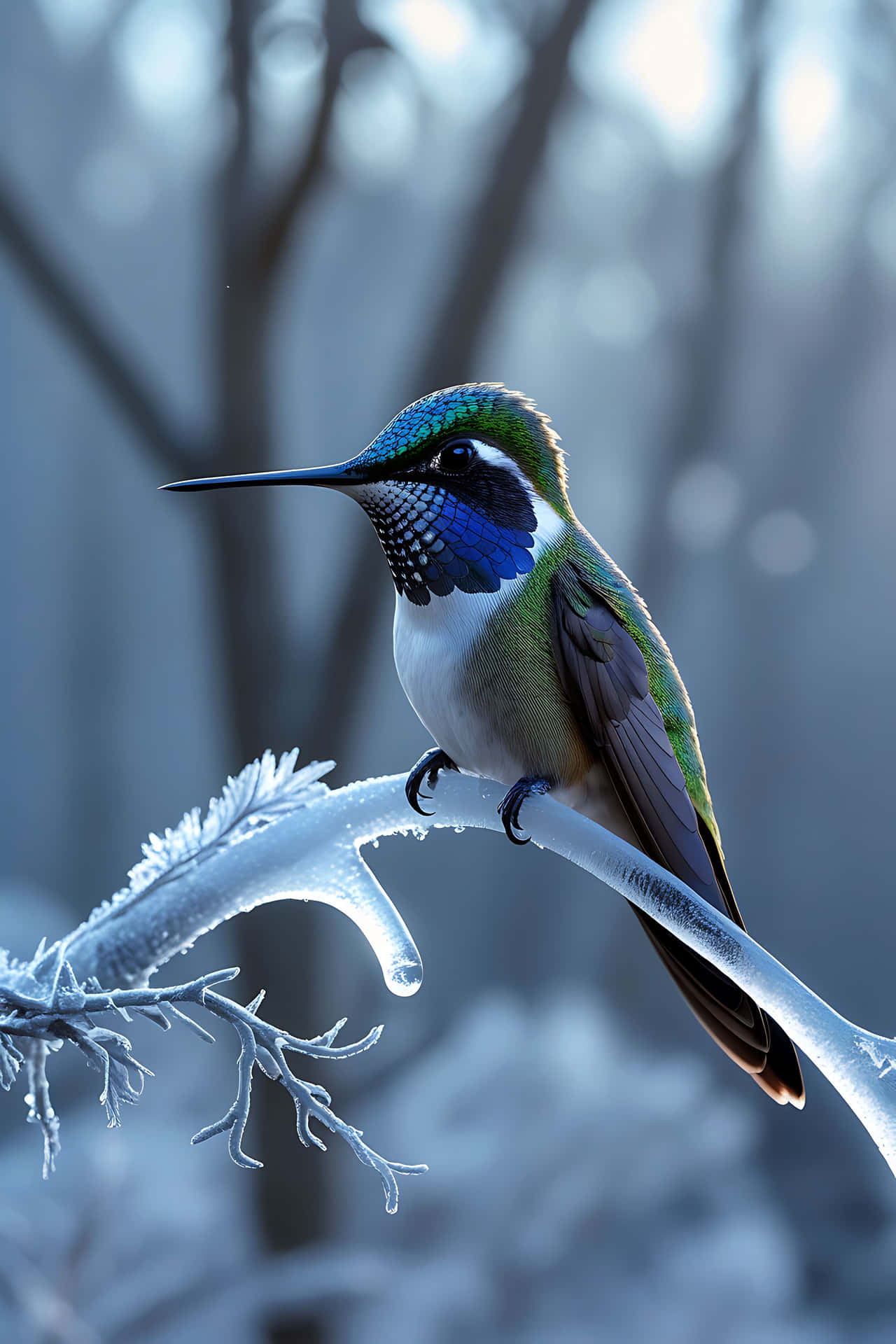 Hummingbird on frosty branch 壁紙 — 一隻色彩鮮豔、帶有虹彩藍綠色羽毛的蜂鳥，棲息在寧靜冬日森林中結霜的樹枝上。