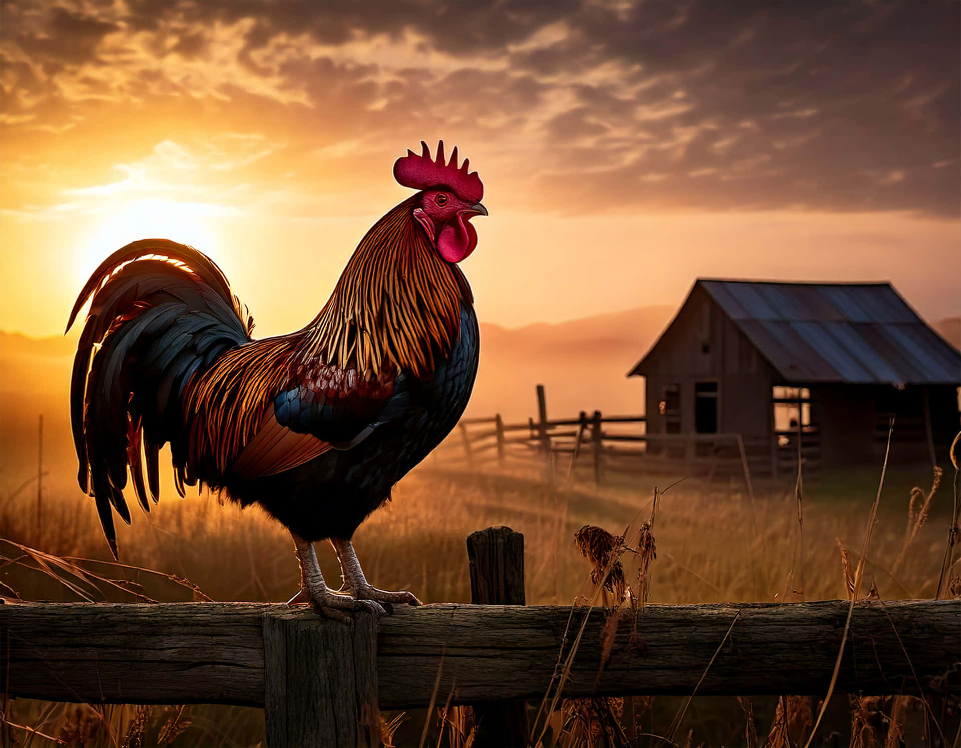 Silhouette of a rooster standing on a barn fence 壁紙 — 一隻色彩鮮豔、羽毛閃爍虹彩光芒的公雞，在金色日出中驕傲地站在風化的木柵欄上，朦朧的背景中有一座質樸的穀倉。