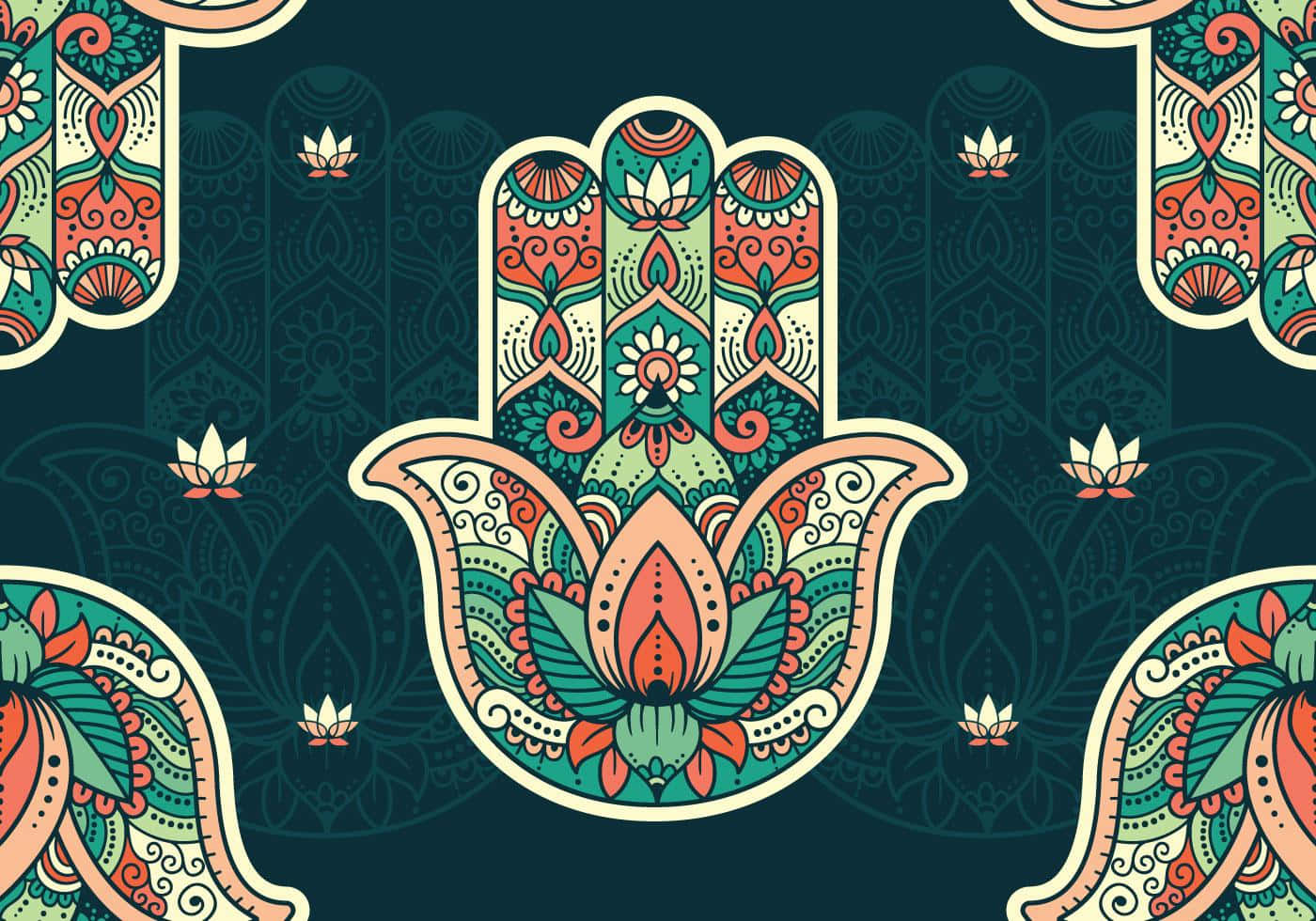 Hamsa 桌布 壁紙 — 一隻色彩鮮豔、裝飾華麗的漢莎手，帶有花卉圖案和蓮花主題，置於深藍綠色背景上，並有重複的裝飾邊框。
