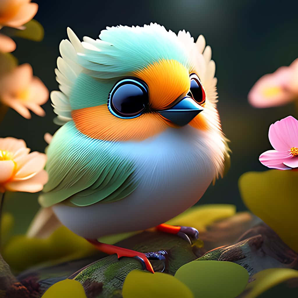 Kawaii Bird 桌布 壁紙 — 一隻色彩鮮豔的卡通鳥，擁有藍綠色和橙色的羽毛，棲息在柔和的粉紅色和黃色花朵之間。