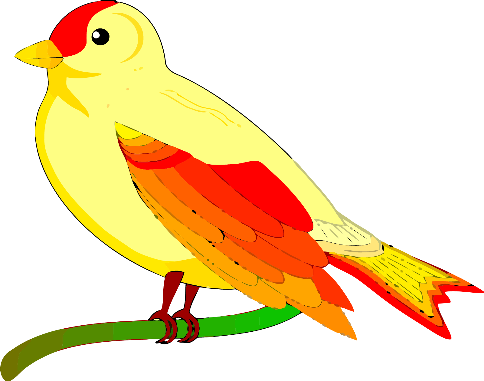 Yellow Bird 桌布 壁紙 — 一隻色彩鮮豔的卡通鳥，黃色身體、紅色頭部和橙色翅膀，棲息在綠色樹枝上。