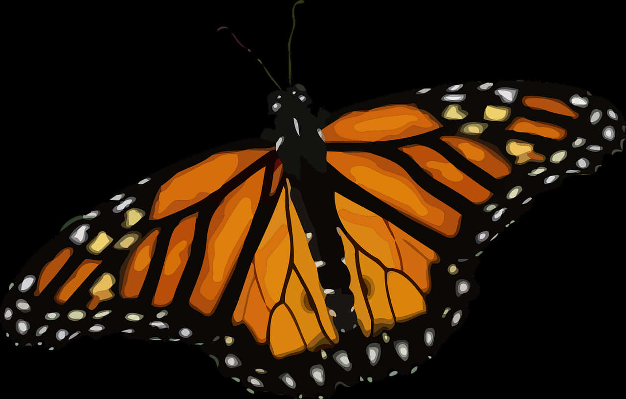 Monarch Butterfly 桌布 壁紙 — 一隻色彩鮮豔的帝王斑蝶，擁有橙色翅膀和黑色脈絡，在純黑背景上滑翔。