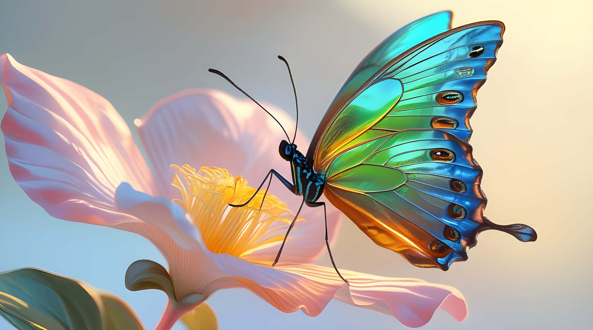 Beautiful butterfly picture 壁紙 — 一隻色彩鮮豔的彩虹蝴蝶，翅膀有藍色、綠色和橙色，輕輕停在一朵柔軟的粉紅色花朵上，花朵中心是金色的。