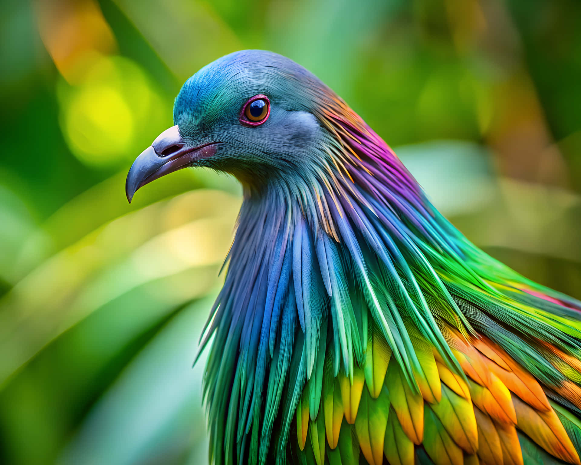 Close-up of a beautiful pigeon 壁紙 — 一隻色彩鮮豔的彩虹鳥，帶有虹彩羽毛和鋒利的喙，在柔和的綠色模糊背景下脫穎而出。