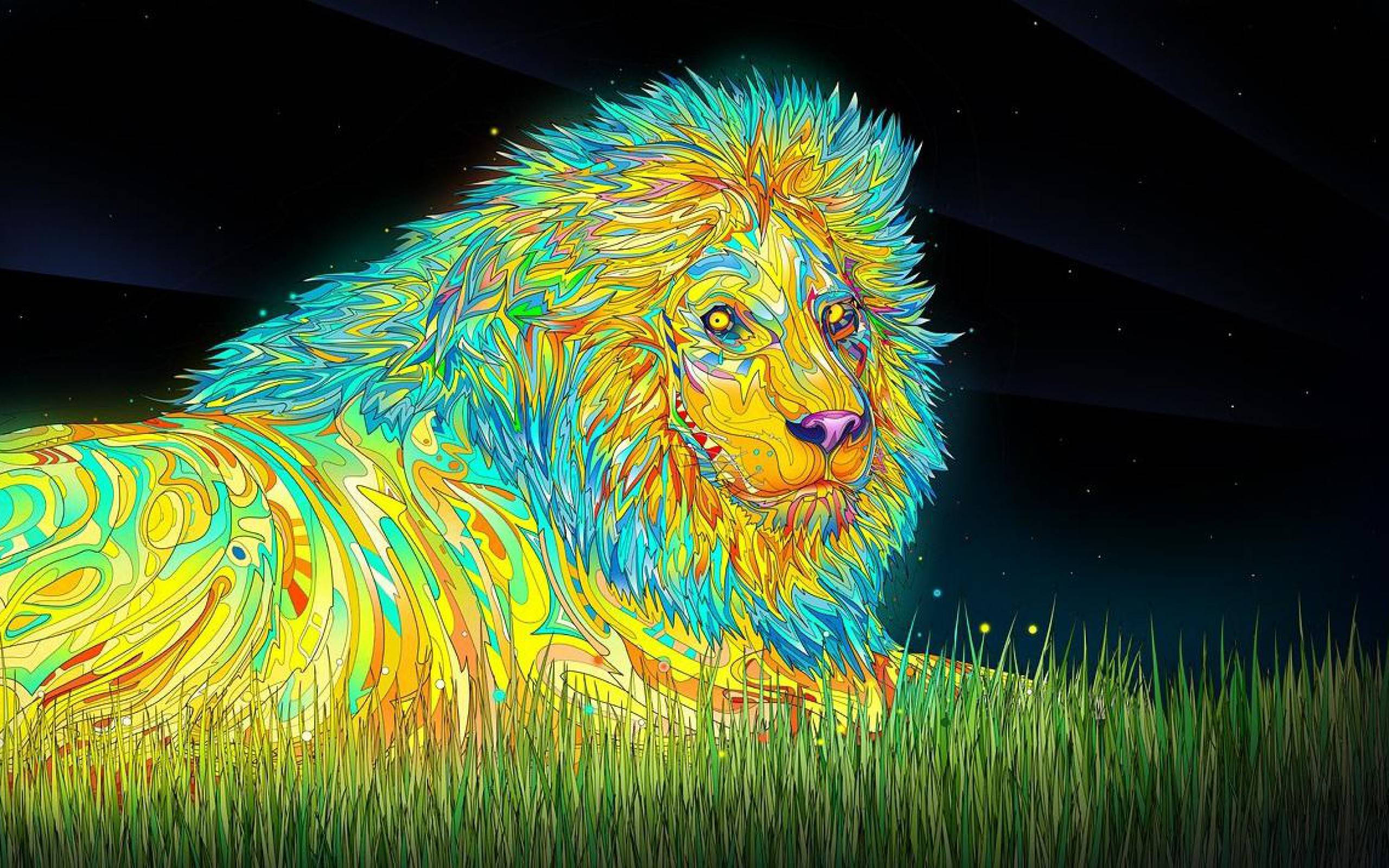 迷幻動圖 桌布 壁紙 — 一隻色彩鮮豔的數位獅子，帶有旋轉的霓虹圖案，在星空下的草地上威嚴地休息。