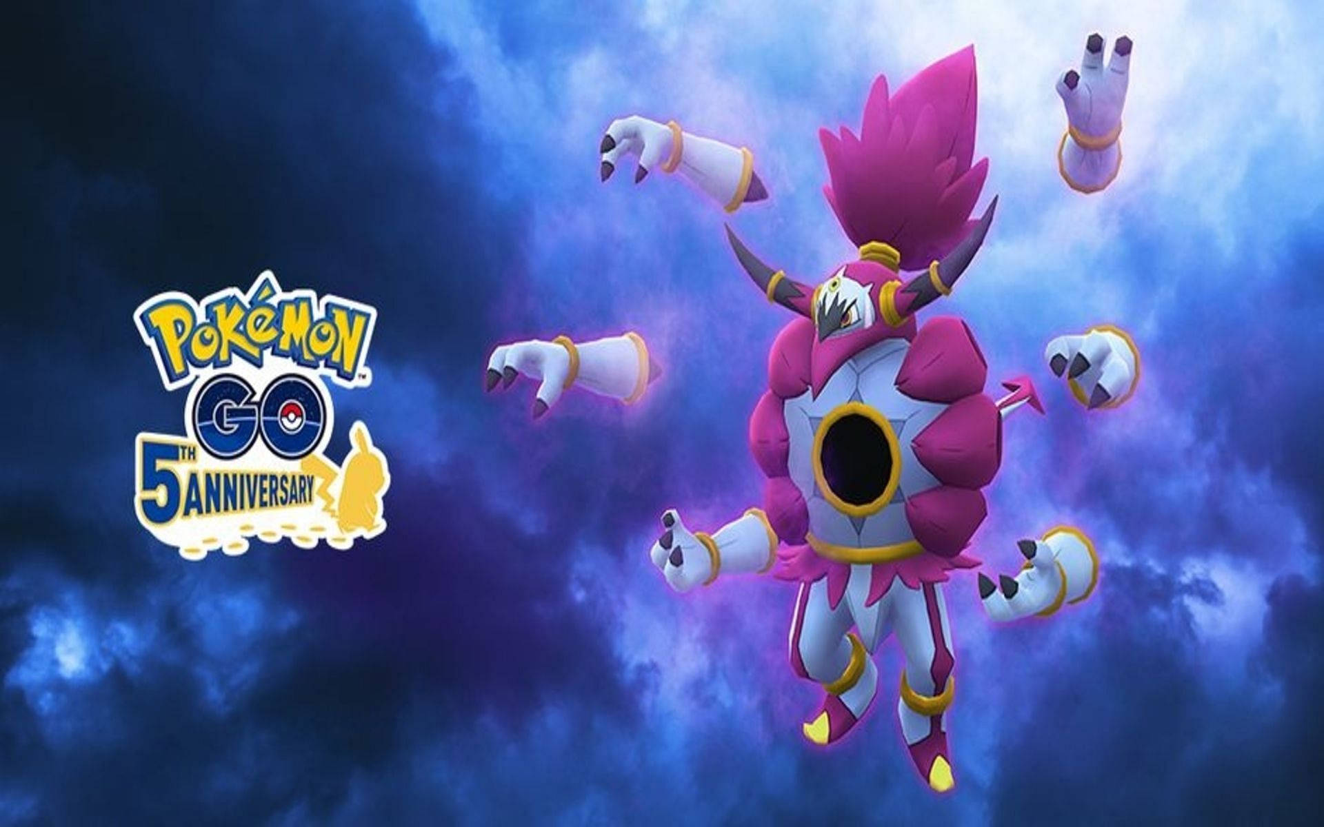 寶可夢 桌布 壁紙 — 一隻色彩鮮豔的粉紅色和白色寶可夢，有多條手臂，在暴風雨的藍紫色天空中動態漂浮。