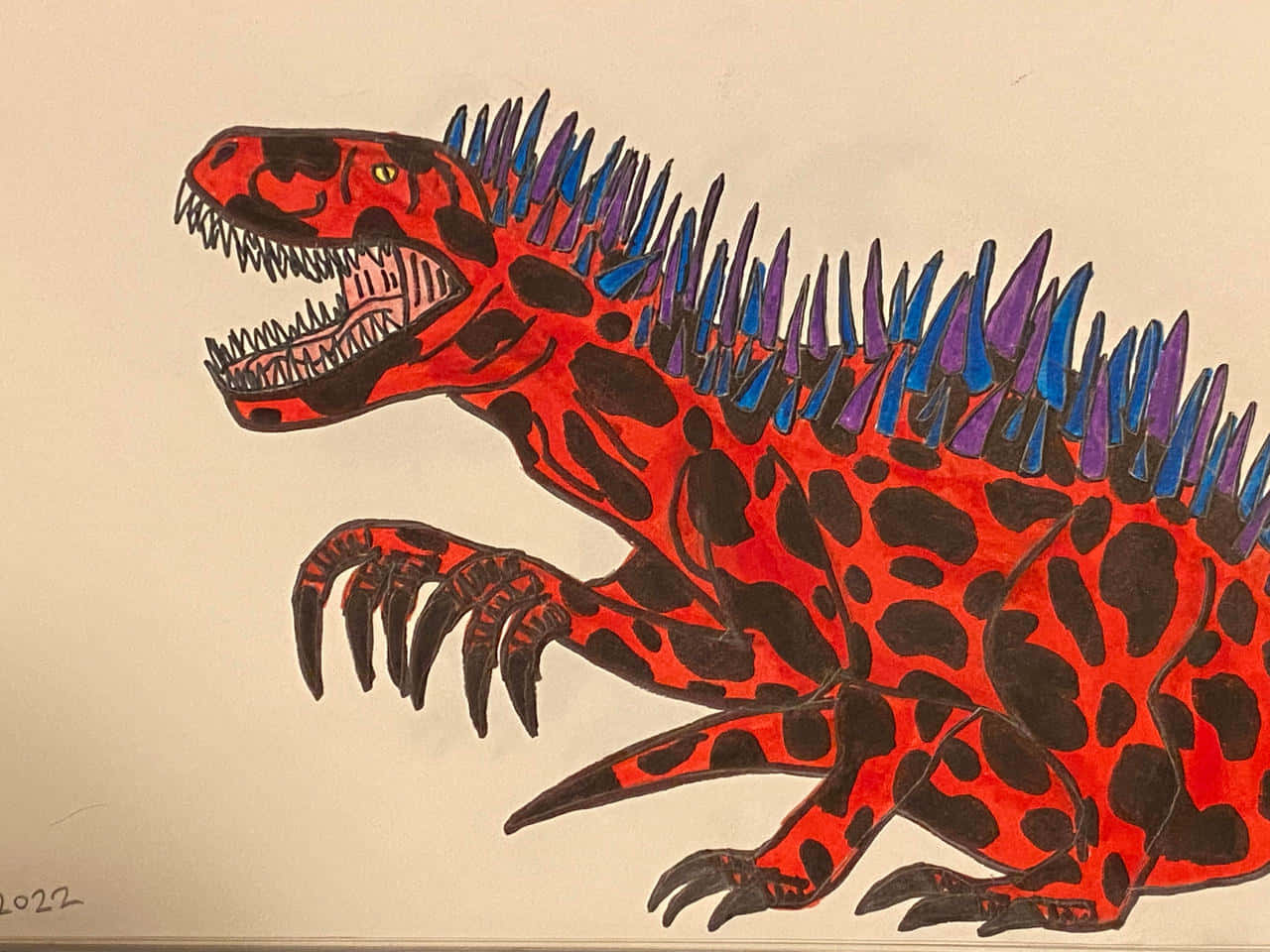 Dinosaur Drawing 桌布 壁紙 — 一隻色彩鮮豔的紅黑恐龍，帶有藍色尖刺，在純米色背景上兇猛地咆哮。