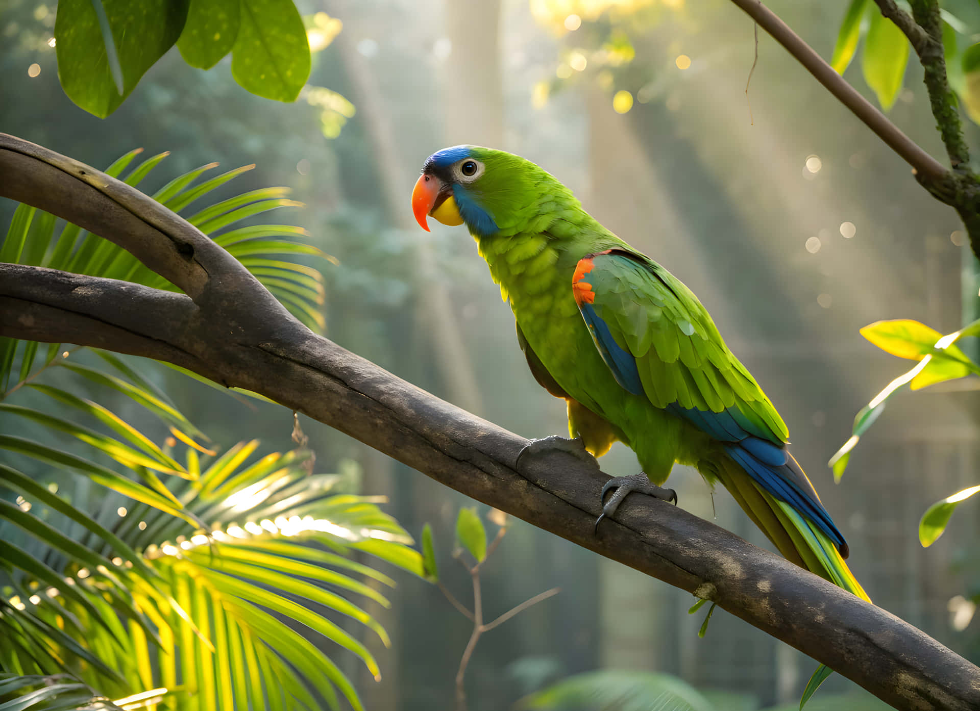Parrot 壁紙 — 一隻色彩鮮豔的綠色鸚鵡，藍色頭部和橙色喙，棲息在陽光普照的叢林樹枝上。