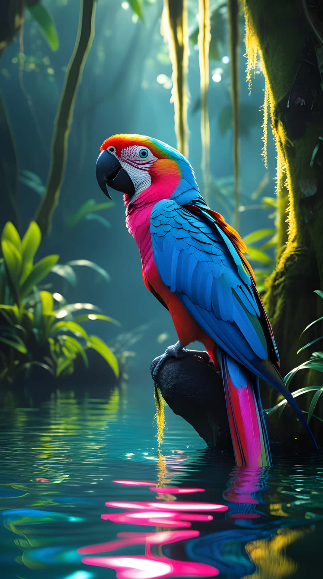 A cute parrot set in the water sides 壁紙 — 一隻色彩鮮豔的藍、粉紅和黃色金剛鸚鵡棲息在霧氣瀰漫的叢林池塘中的岩石上，倒映出其鮮豔的色彩。