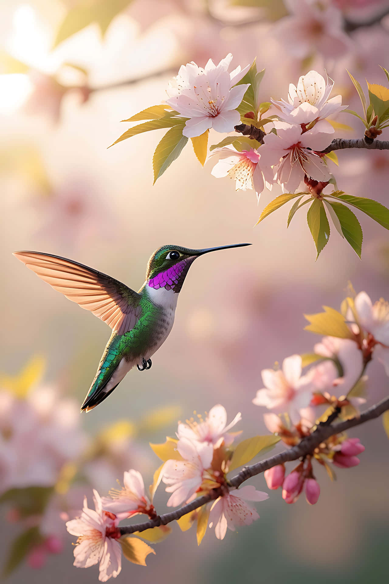 一隻蜂鳥在柔和的金色陽光下懸停在粉紅色櫻花附近。 — 鳥 壁紙