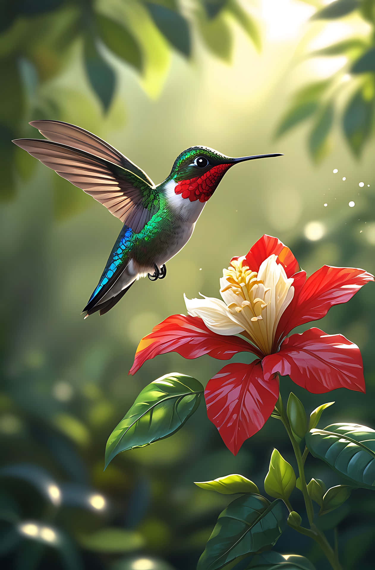 一隻蜂鳥在陽光明媚的叢林中靠近一朵紅白芙蓉花盤旋。 — 鳥 壁紙