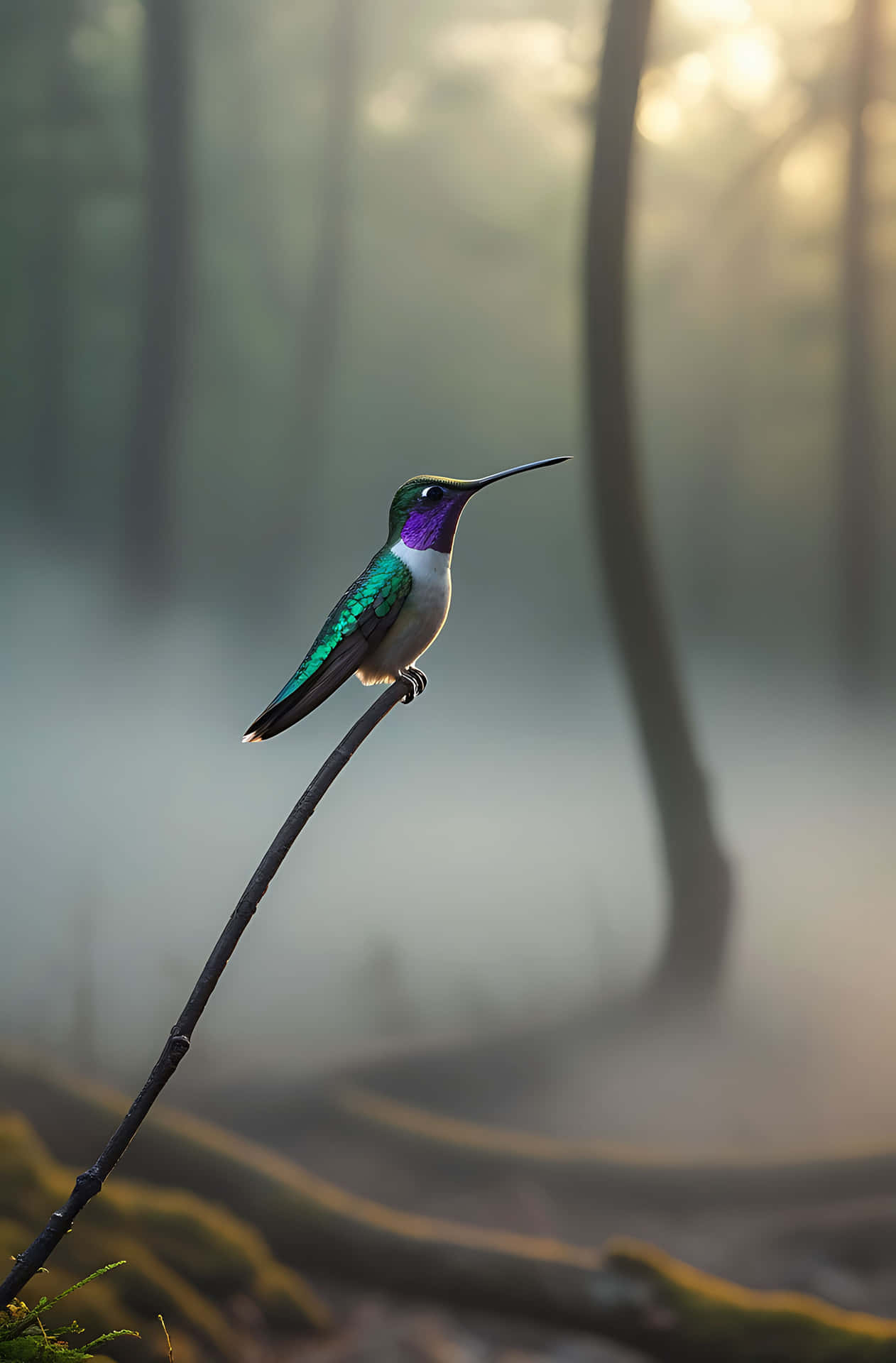 Hummingbird perched on branch in misty forest 壁紙 — 一隻色彩鮮豔的蜂鳥，帶有虹彩綠色和紫色羽毛，在黎明時分棲息在霧氣森林中的細枝上。