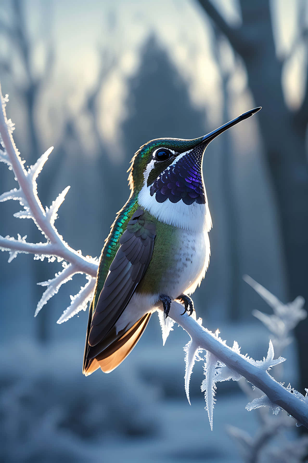 Hummingbird on frosty branch 壁紙 — 一隻色彩鮮豔的蜂鳥，帶有虹彩綠色和紫色羽毛，棲息在結霜的樹枝上，背景是柔和的藍色冬日。