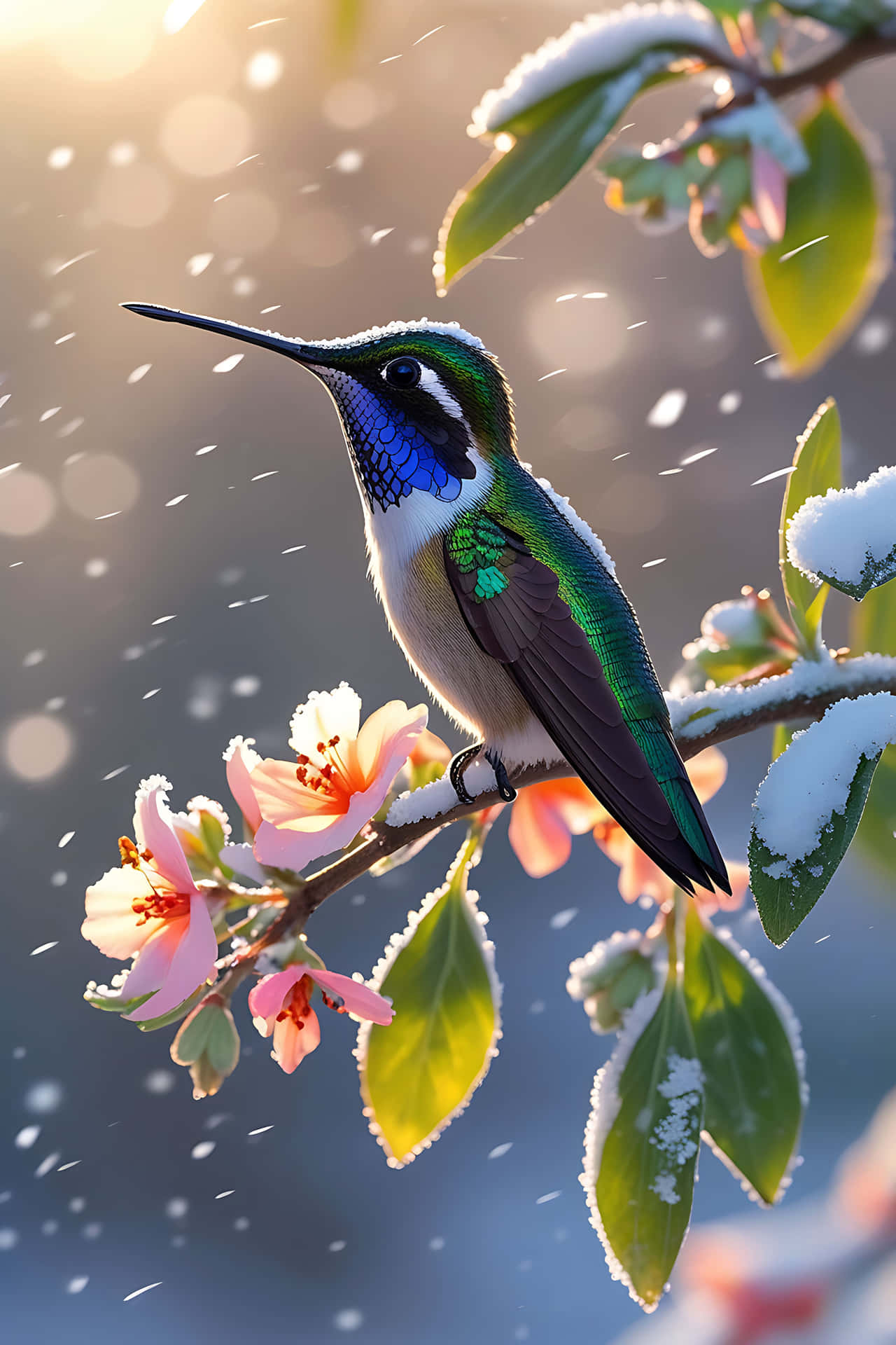 Hummingbird on snowy blossoms 壁紙 — 一隻色彩鮮豔的蜂鳥，帶有虹彩藍綠色羽毛，棲息在灑滿雪的樹枝上，枝頭有粉紅色的花朵，雪花輕輕飄落。
