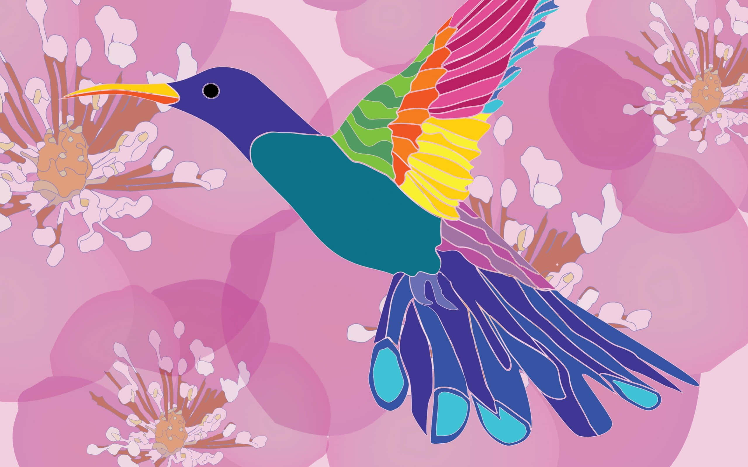 Female Hummingbird 桌布 壁紙 — 一隻色彩鮮豔的蜂鳥，擁有彩虹翅膀，在風格化的粉紅花朵間盤旋，呈現大膽的圖形插圖。